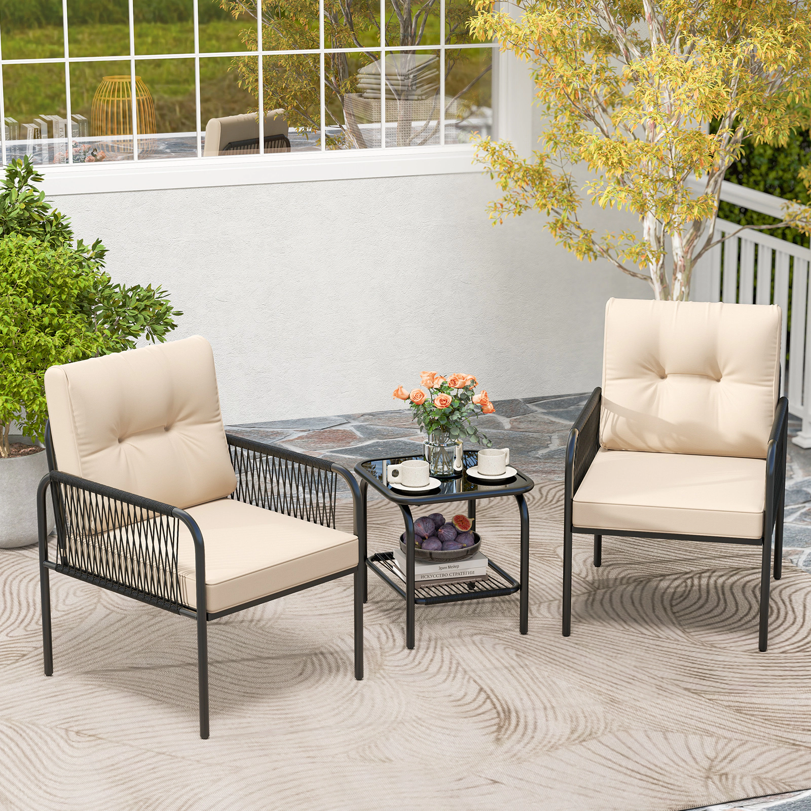 LJG 3 Pieces Patio Bistro PE Outdoor Wicker Rattan Furniture Conversation Set
