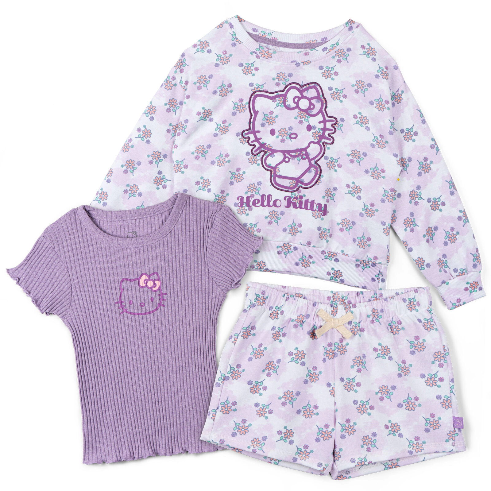 Hello Kitty Girls' 3-Piece Sweatshirt Tee and Shorts Set