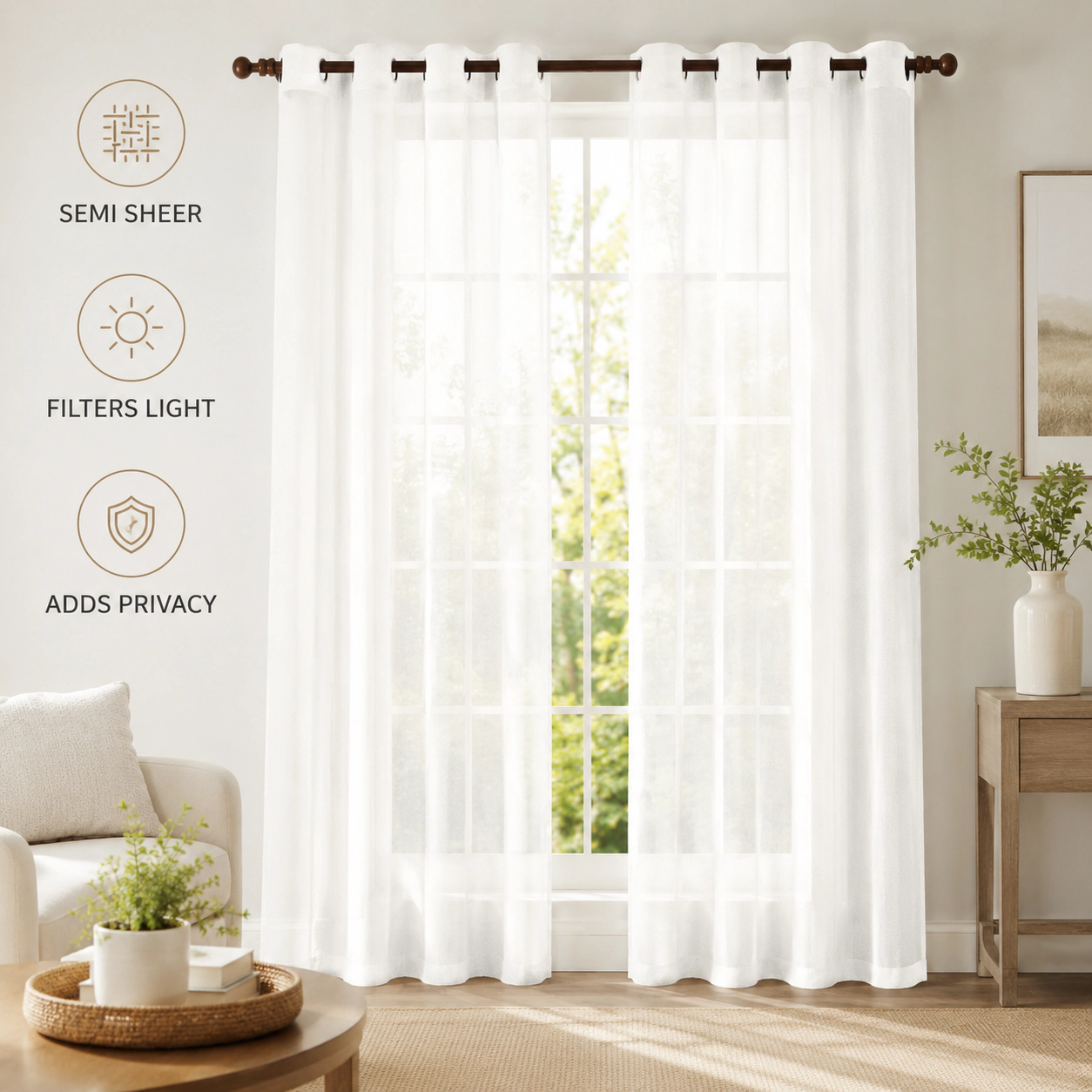 J&V TEXTILES Solid Semi-Sheer Grommet Curtain Panel Set