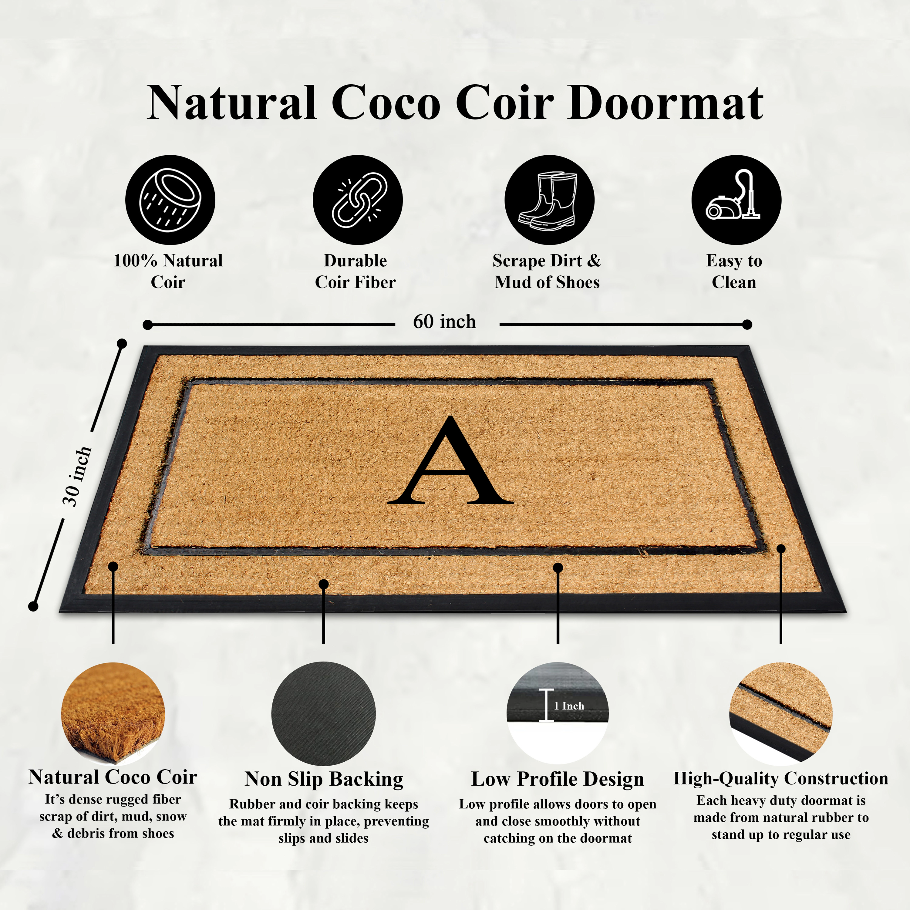 A1 Home Collections Rubber Doormat 30x60 Black Heavy Duty Welcome Mat Monogrammed Letter C