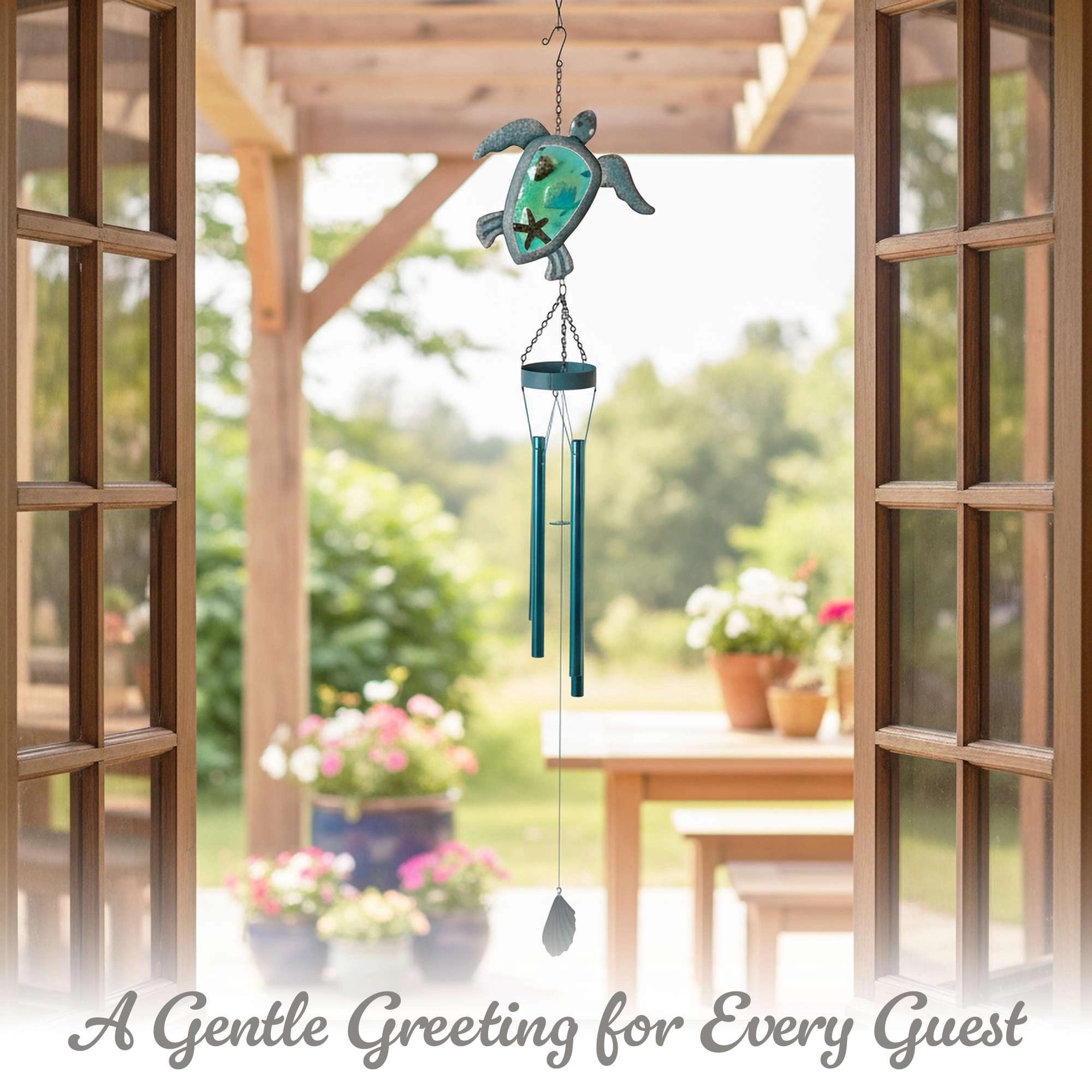 G128 Sea Turtle Wind Chime for Outdoors - Coastal Copper-Green Metal Windchime for Garden Patio Porch Gifts