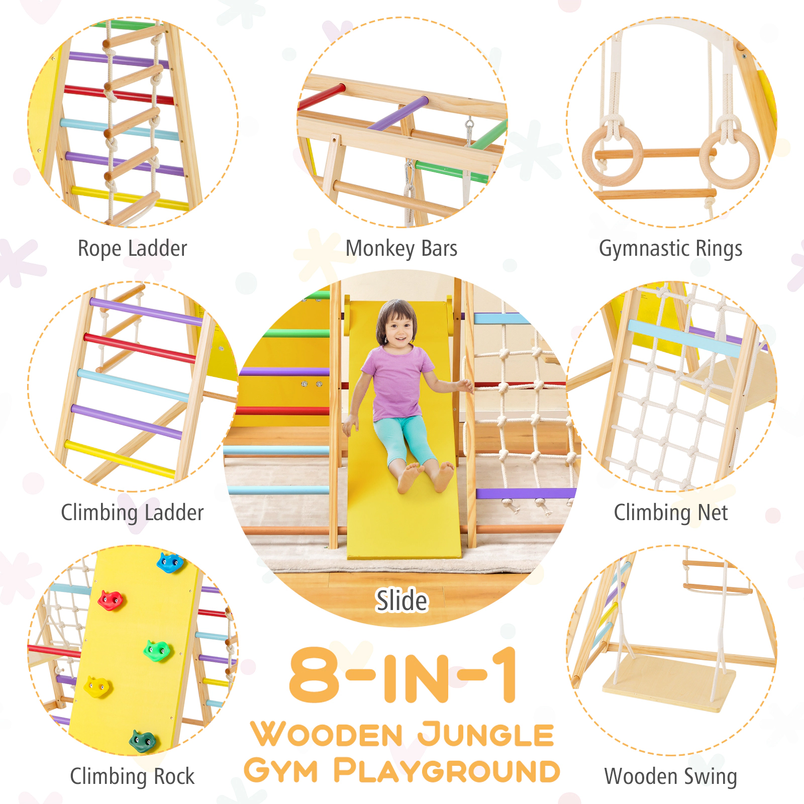 SUGIFT 8-in-1 Wooden Jungle Gym Playset with Slide and Monkey Bars 530-lb Capacity Ages 1+ Multicolor/Natural