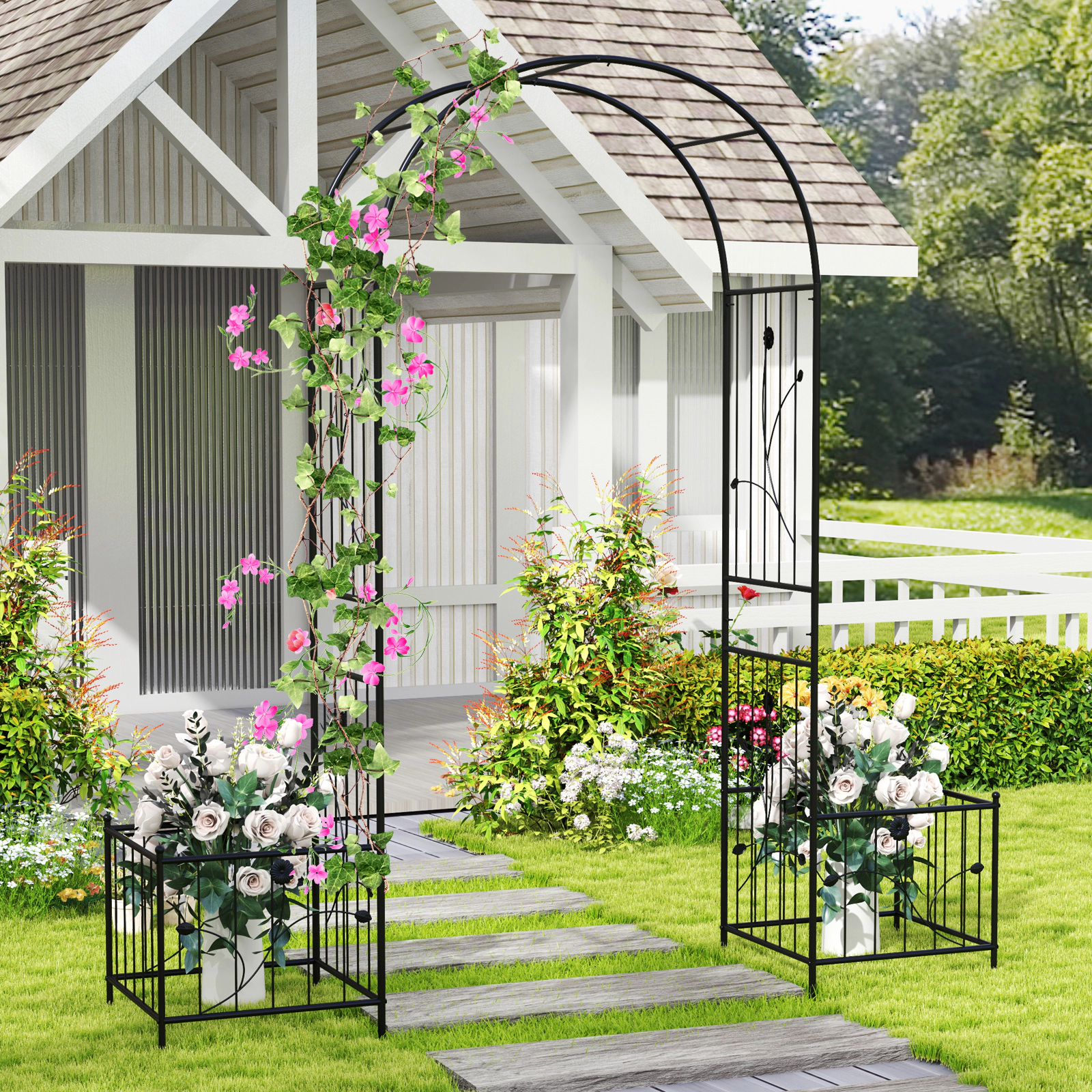 SUGIFT 2-in-1 Metal Garden Arbor with Side Planters and 8 Ground Stakes 86-in Tall Black