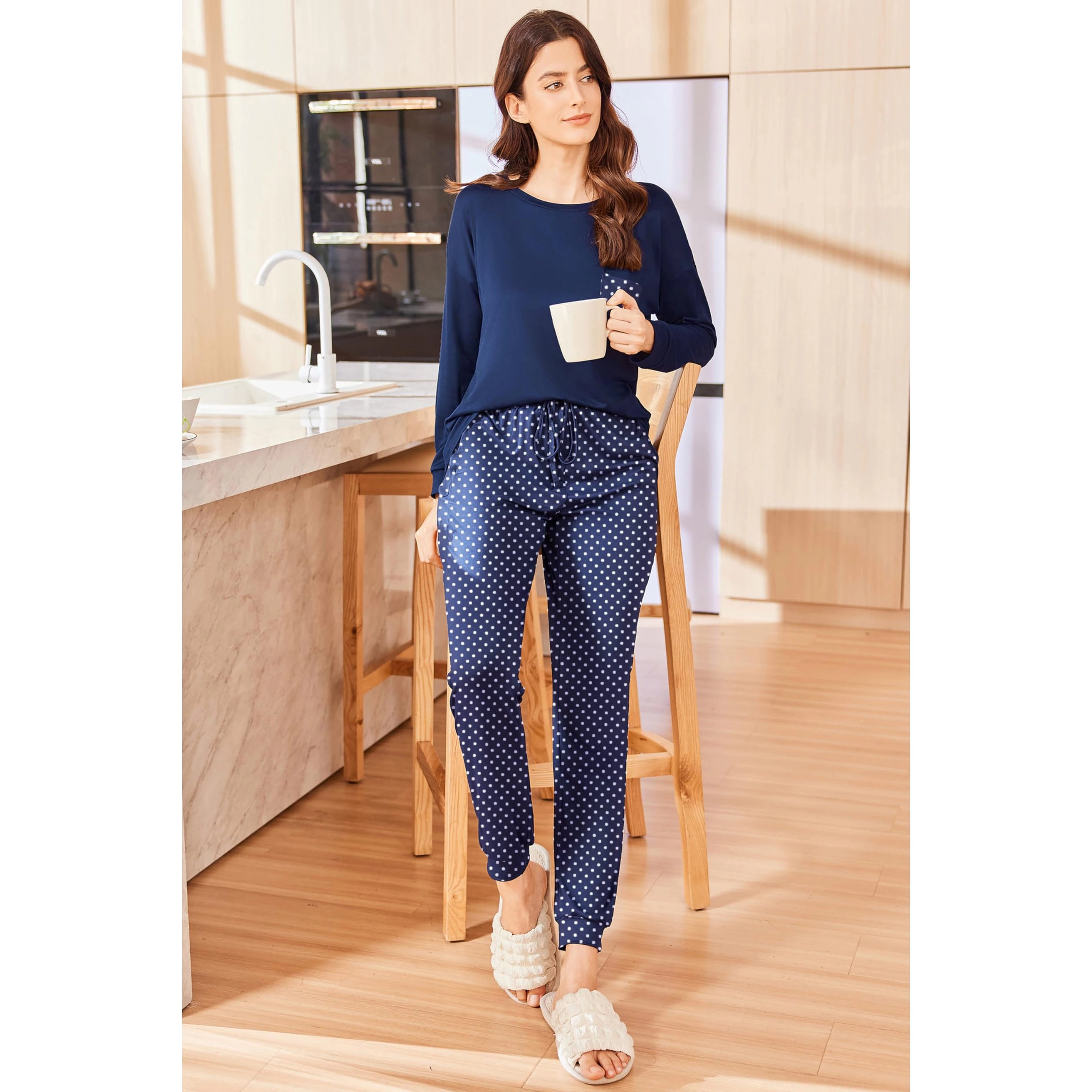 Ekouaer Women's Long Sleeve Crew Neck Pajama Set Polka Dot Pants