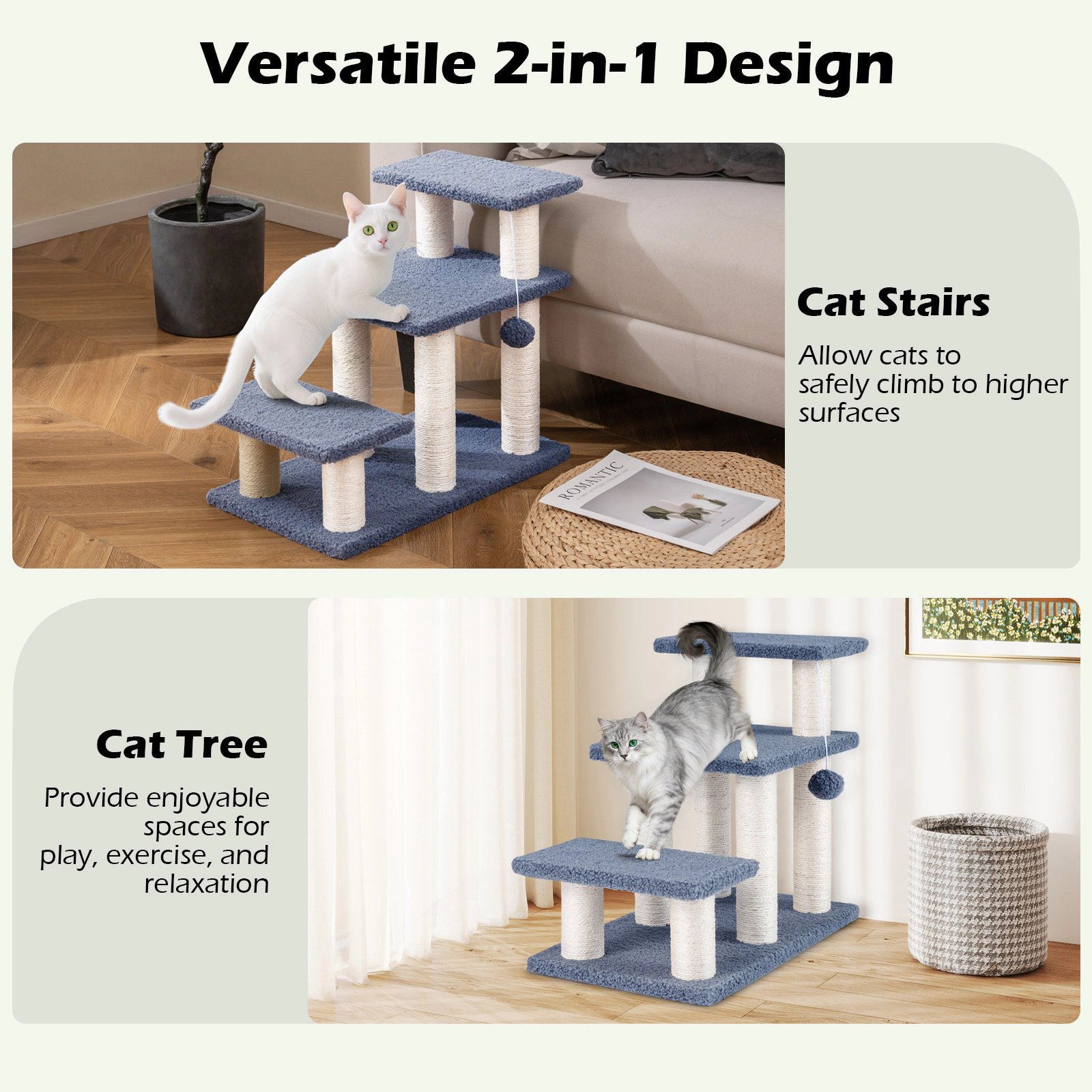 SUGIFT 3-Tier Cat Stairs Cat Tree 20-in Tall with Scratching Posts and Hanging Toy Ball 33-lb Capacity Gray
