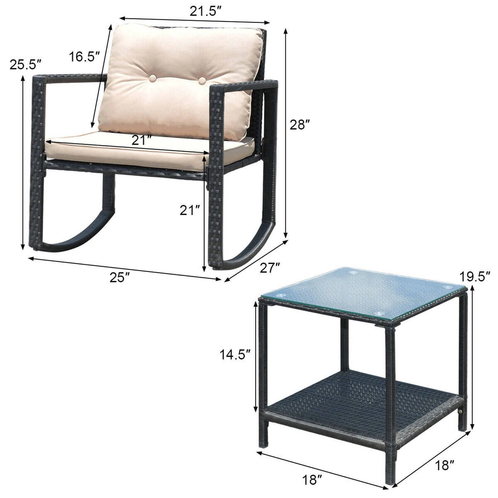SUGIFT 3 Piece Wicker Rocking Bistro Set Beige with Glass Coffee Table and Storage Shelf