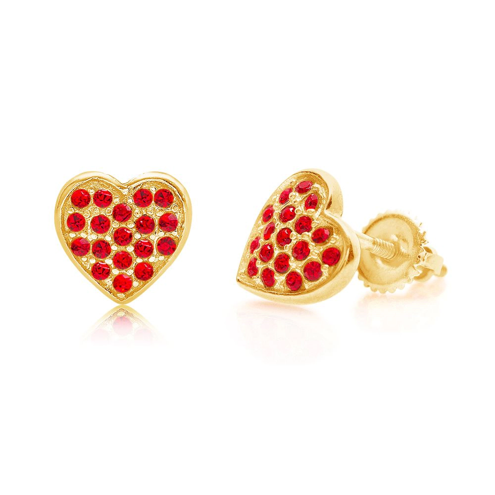 CHANTEUR Kids Red Crystal Heart Stud Earrings - 18K Gold Plated, Sterling Silver Screwbacks