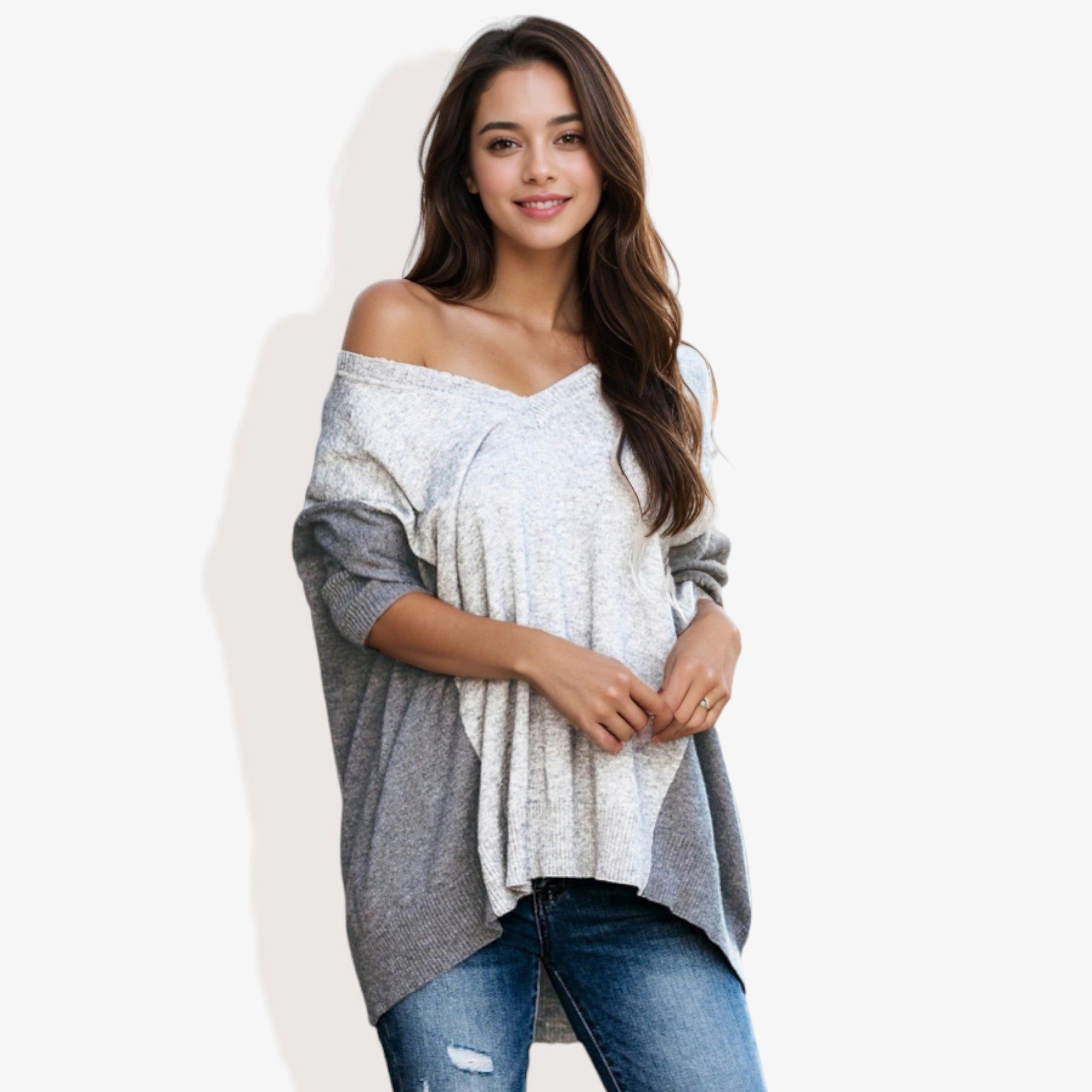 Anna-Kaci Women's V-Neck Patchwork Multicolor One Shoulder Sweater for Casual Looks