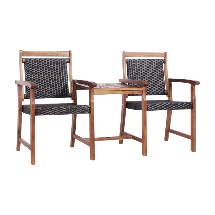 Hivvago 2-Seat Patio Rattan Acacia Wood Chair With Coffee Table