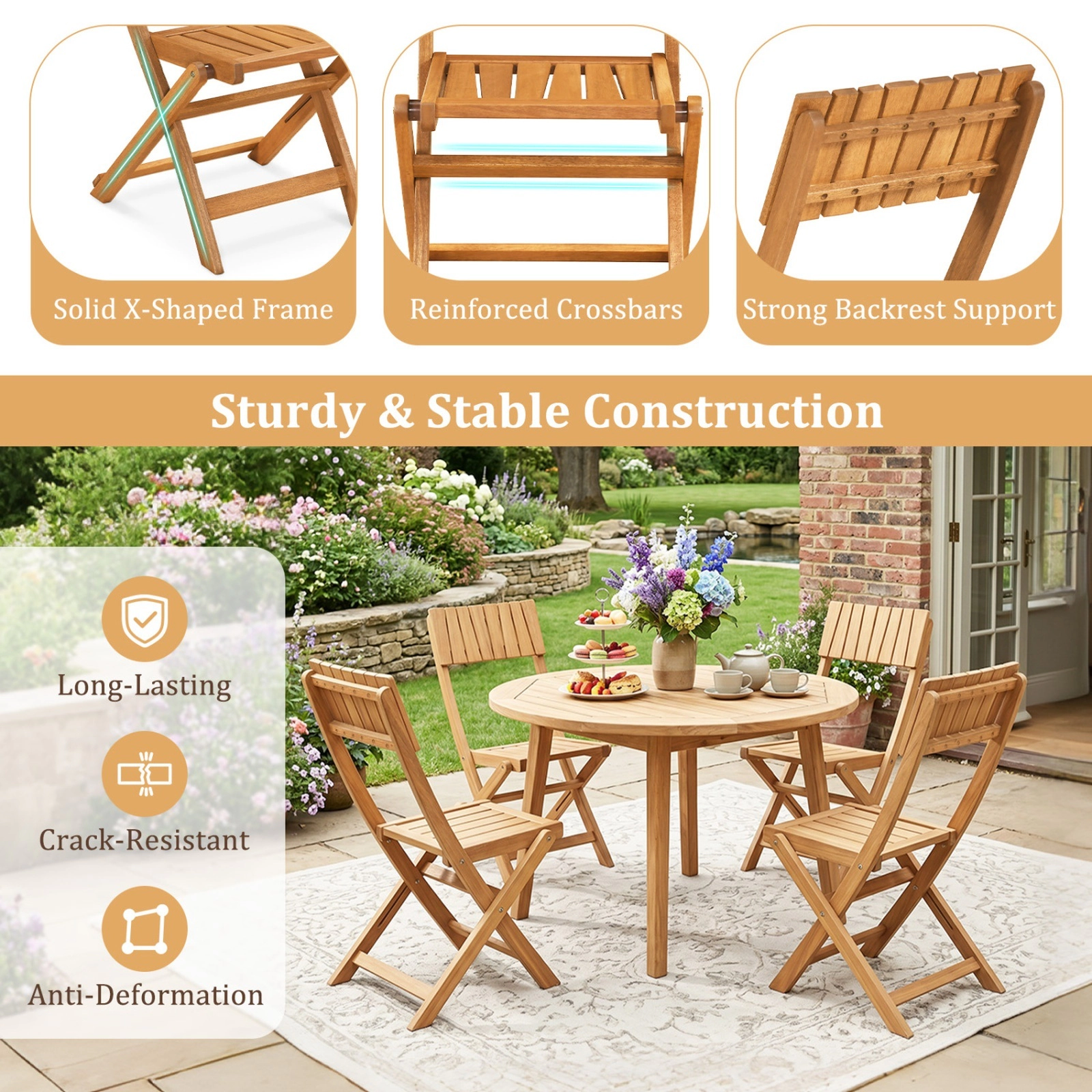 SUGIFT Folding Wood Dining Chairs, Slatted Back and Seat, 350 lb Capacity, Set of 2
