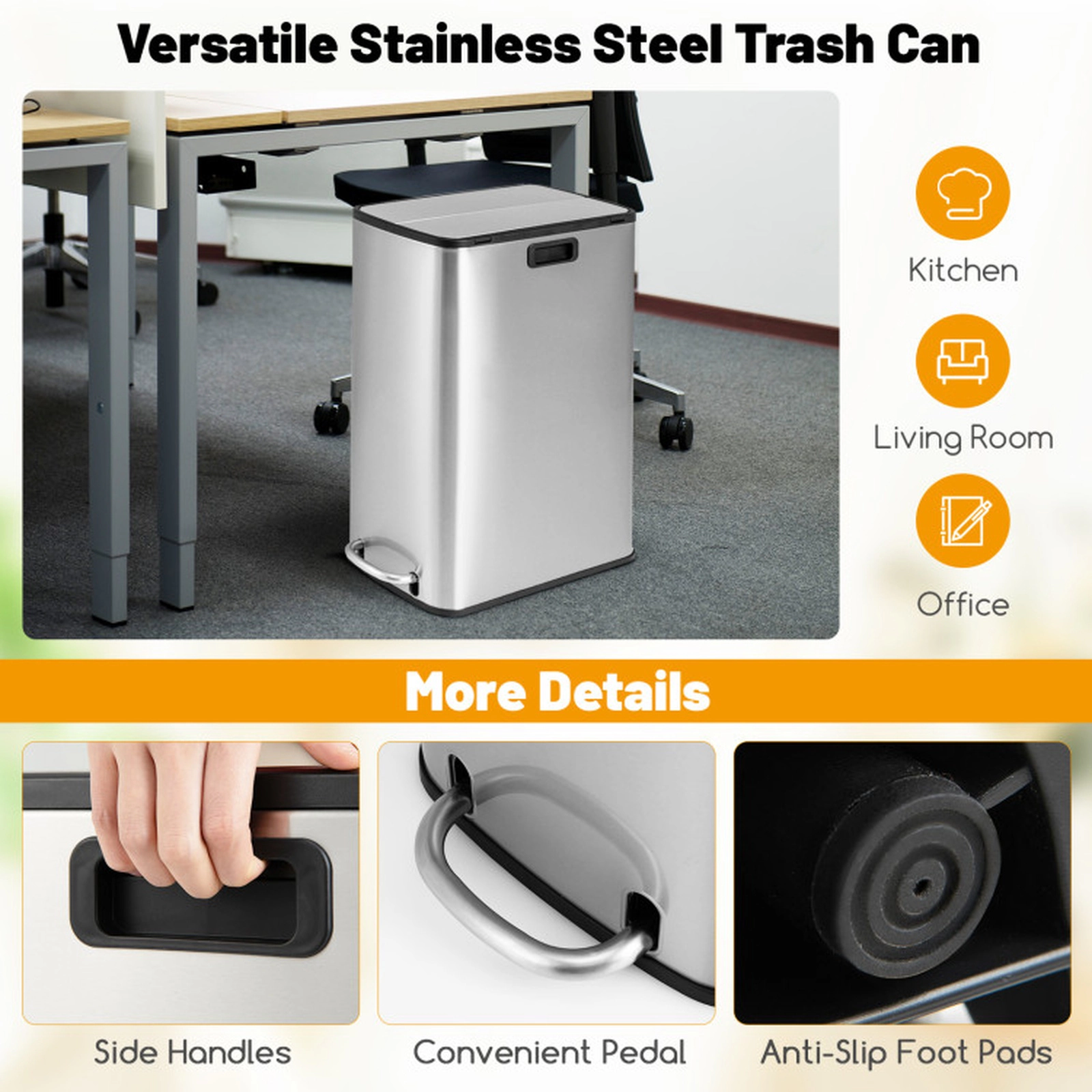 SUGIFT 12-Gal Soft-Close Wing Lids Removable Inner Bucket Step Trash Can 20.5-in x 10.5-in x 27-in 3-Layer Silver