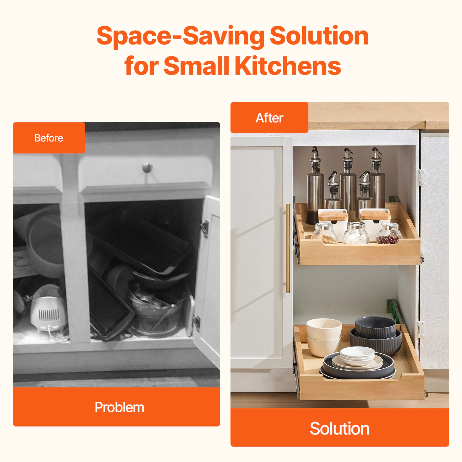 HONGGE Pull Out Cabinet Organizer Cabinet Drawer Soft Close Slide out Shelf Heavy-Duty Sliding Wood Drawer Bottom and