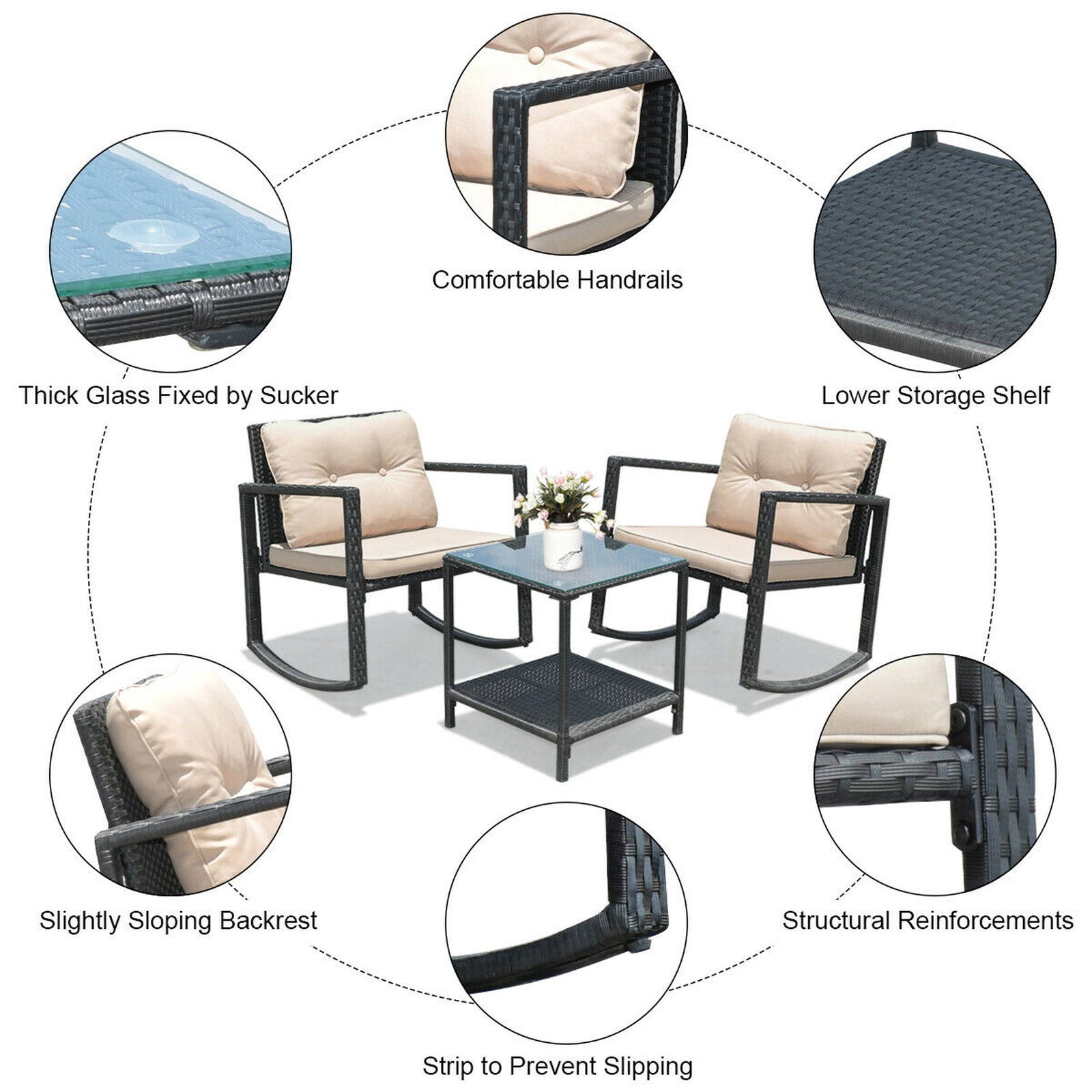 SUGIFT 3 Piece Wicker Rocking Bistro Set Beige with Glass Coffee Table and Storage Shelf