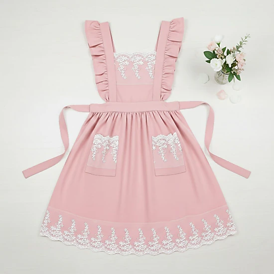 Alilang Unisex Lace Trim Ruffle Kitchen Apron with Embroidered Bib Detail Dual Front Pockets and Adjustable Waist Ties
