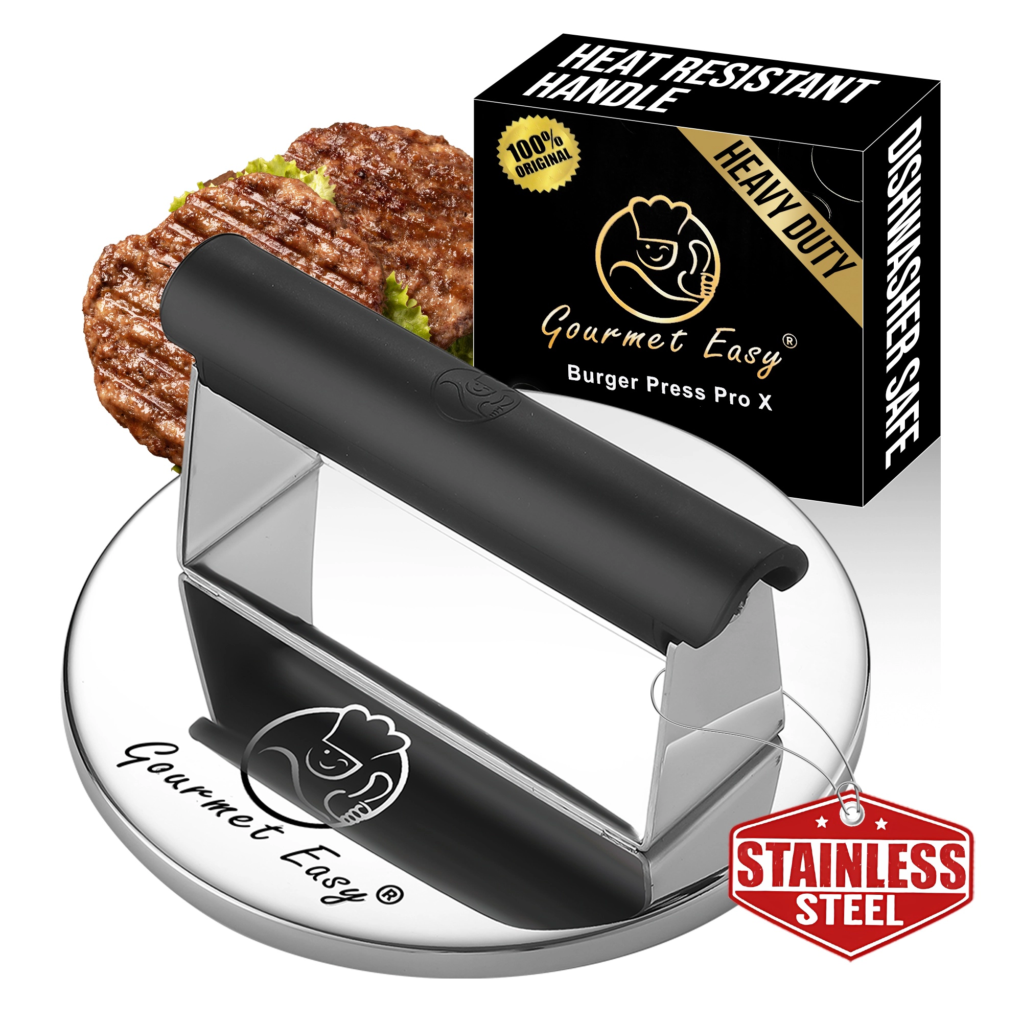 Gourmet Easy Smash Burger Press with Heat Resistant Handle, 2LBS Stainless Steel Burger Smasher