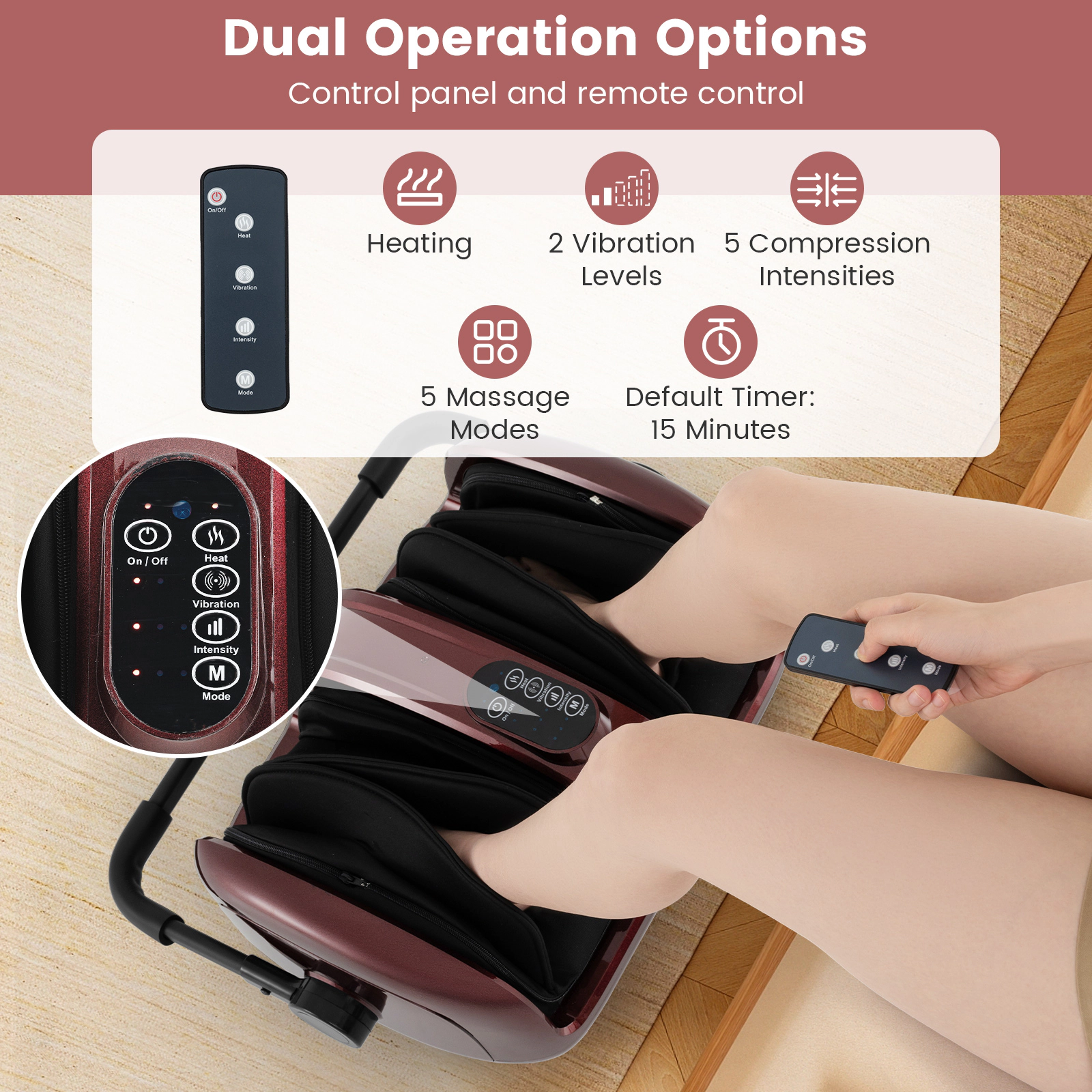 SUGIFT Rolling Shiatsu Foot and Calf Massager with Heat and Compression Fits Up to US 14.5 Foot Size Red+Black
