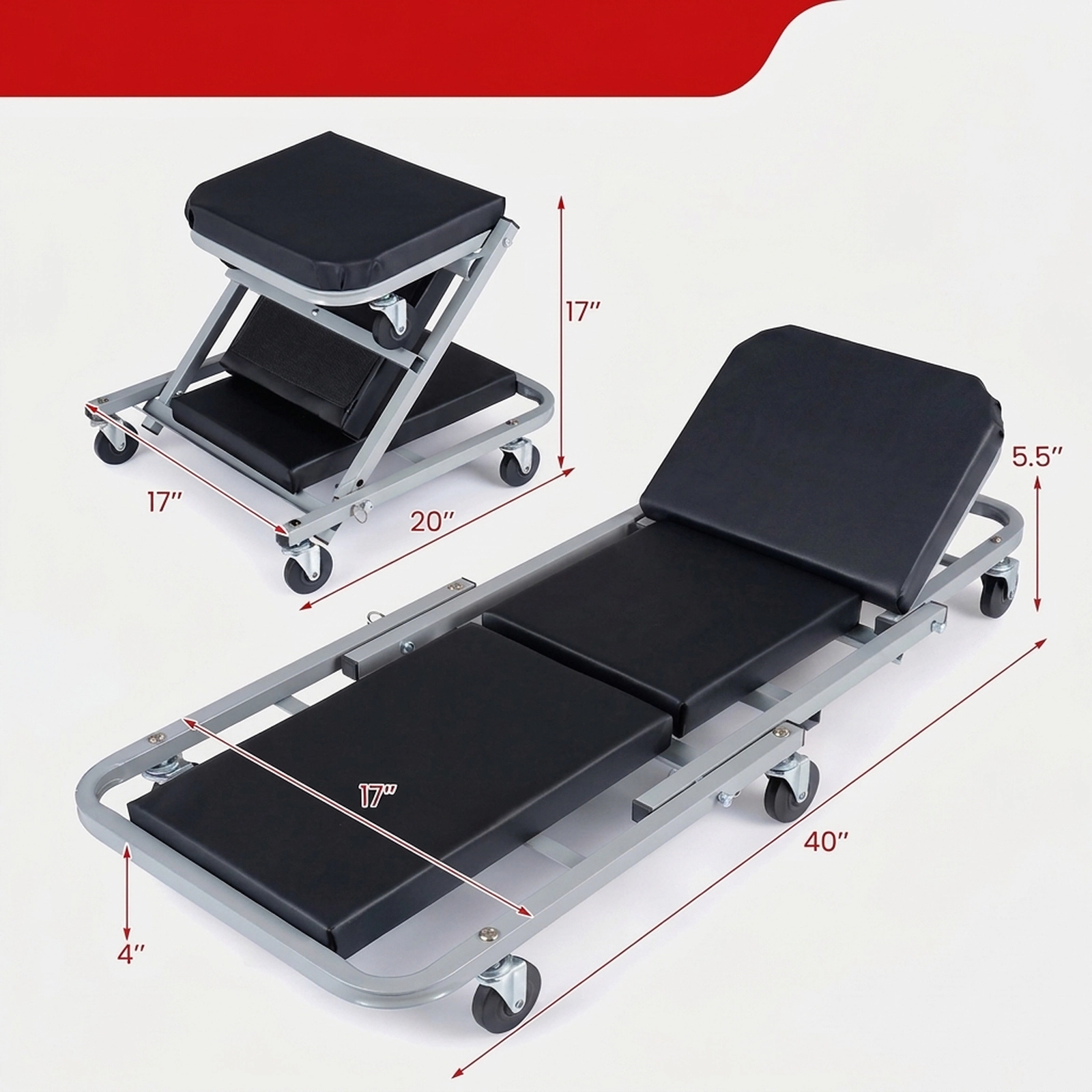 SUGIFT 2-in-1 Convertible Z-Seat Metal Frame Mechanic Creeper 40-in x 17-in x 5.5-in 330-lb Capacity 6 Casters Black