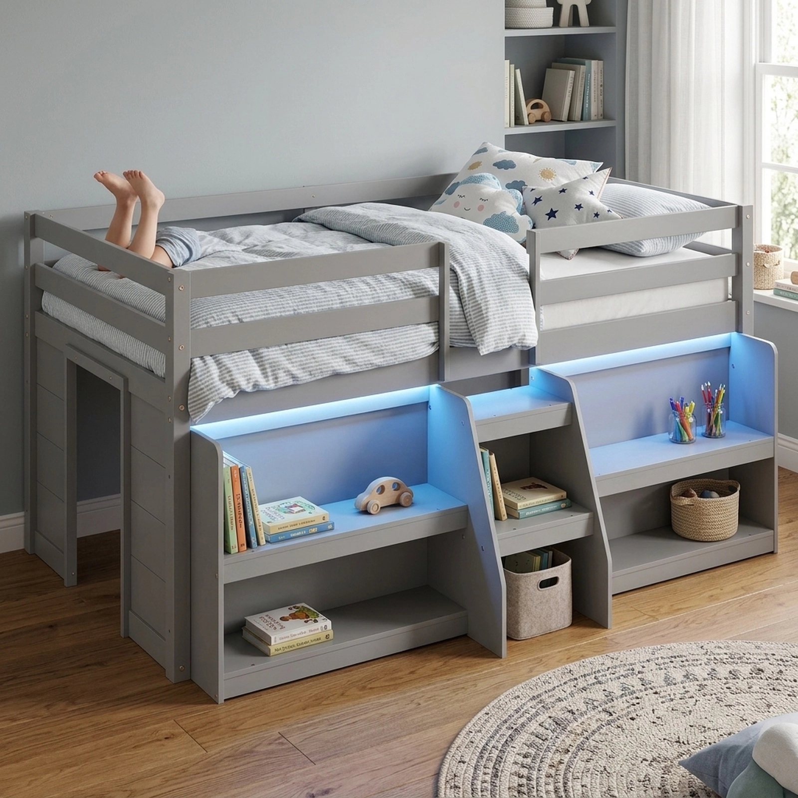 SUGIFT Twin Low Loft Bed with LED Lights, Staircase, Guardrail and Bookshelves, Gray