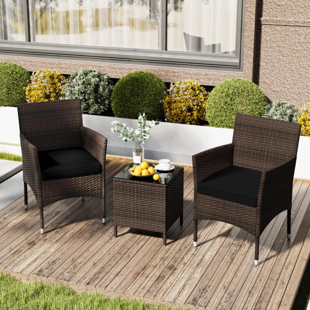 Hivvago 3 Pieces Outdoor Conversation Set With Cushioned Seat And Glass Tabletop