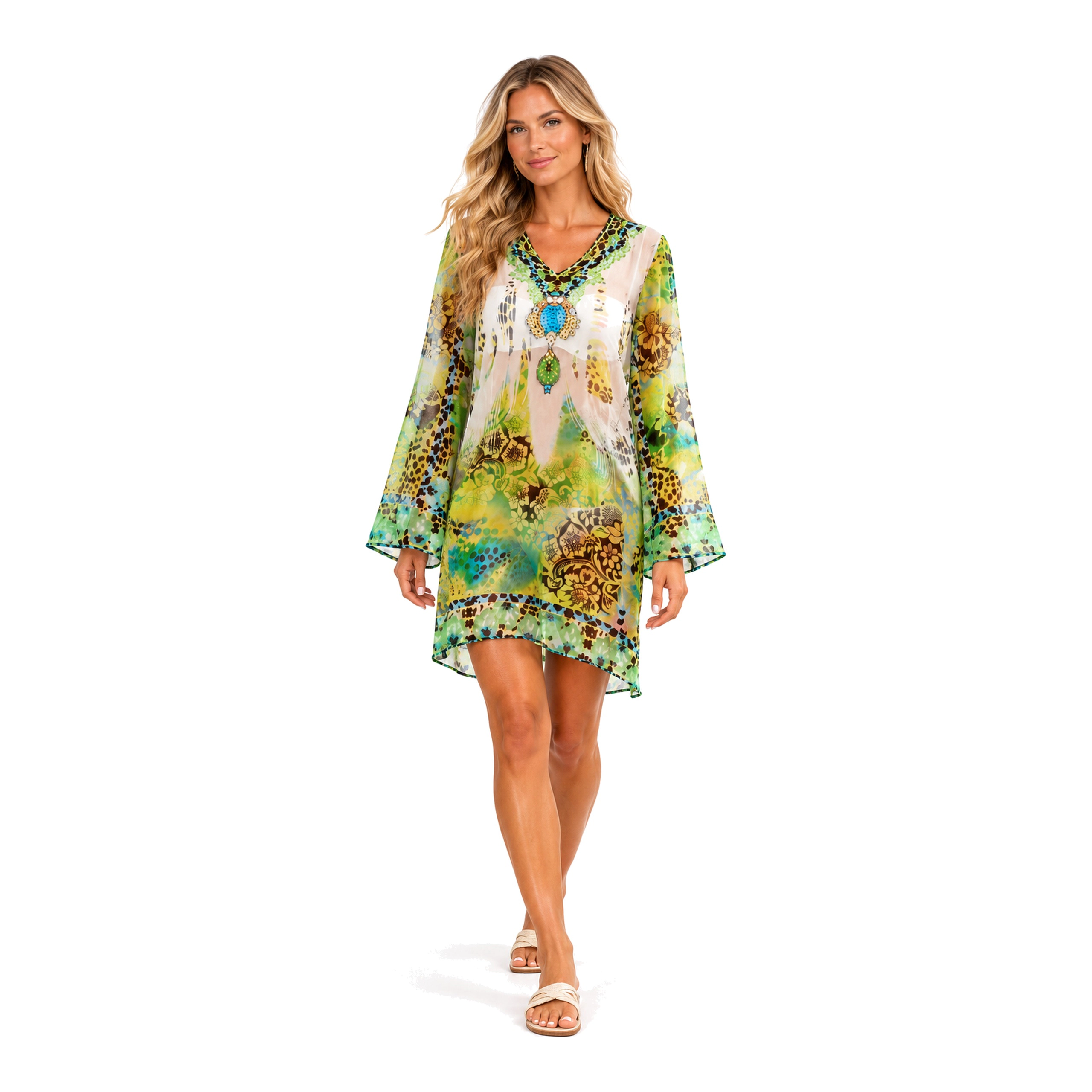 La Moda Clothing Women's Sheer Jungle-Print Chiffon Tunic Cover Up - V-Neck Long Sleeve