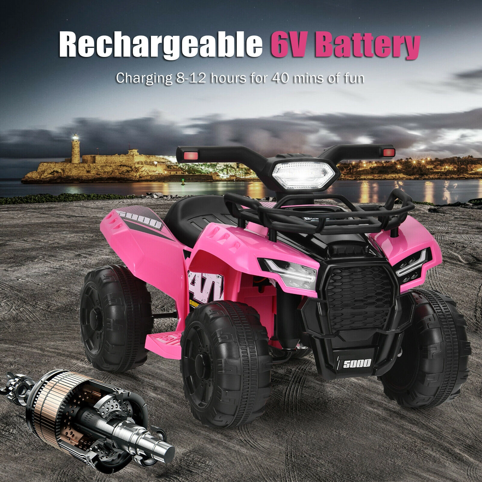 6V Toddler ATV Quad Ride On Car with Front Storage Box LED Lights and MP3 Music 18-36 Months Pink Kids Four Wheeler