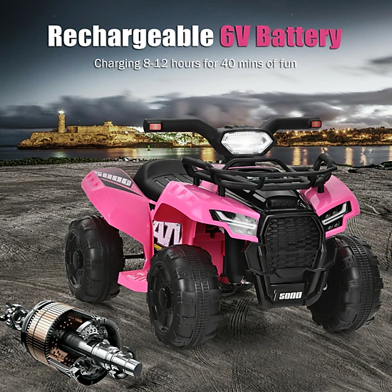 6V Toddler ATV Quad Ride On Car with Front Storage Box LED Lights and MP3 Music 18-36 Months Pink Kids Four Wheeler