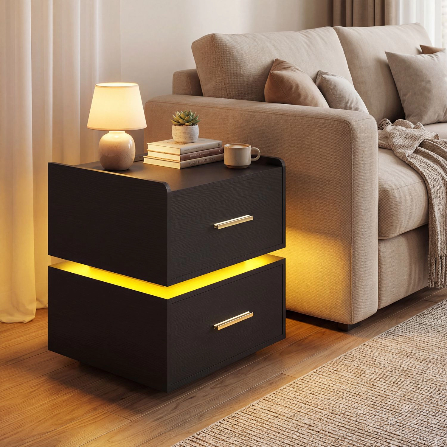 SlickBlue Nightstand with RGB LED Lights, Drawers & Metal Base