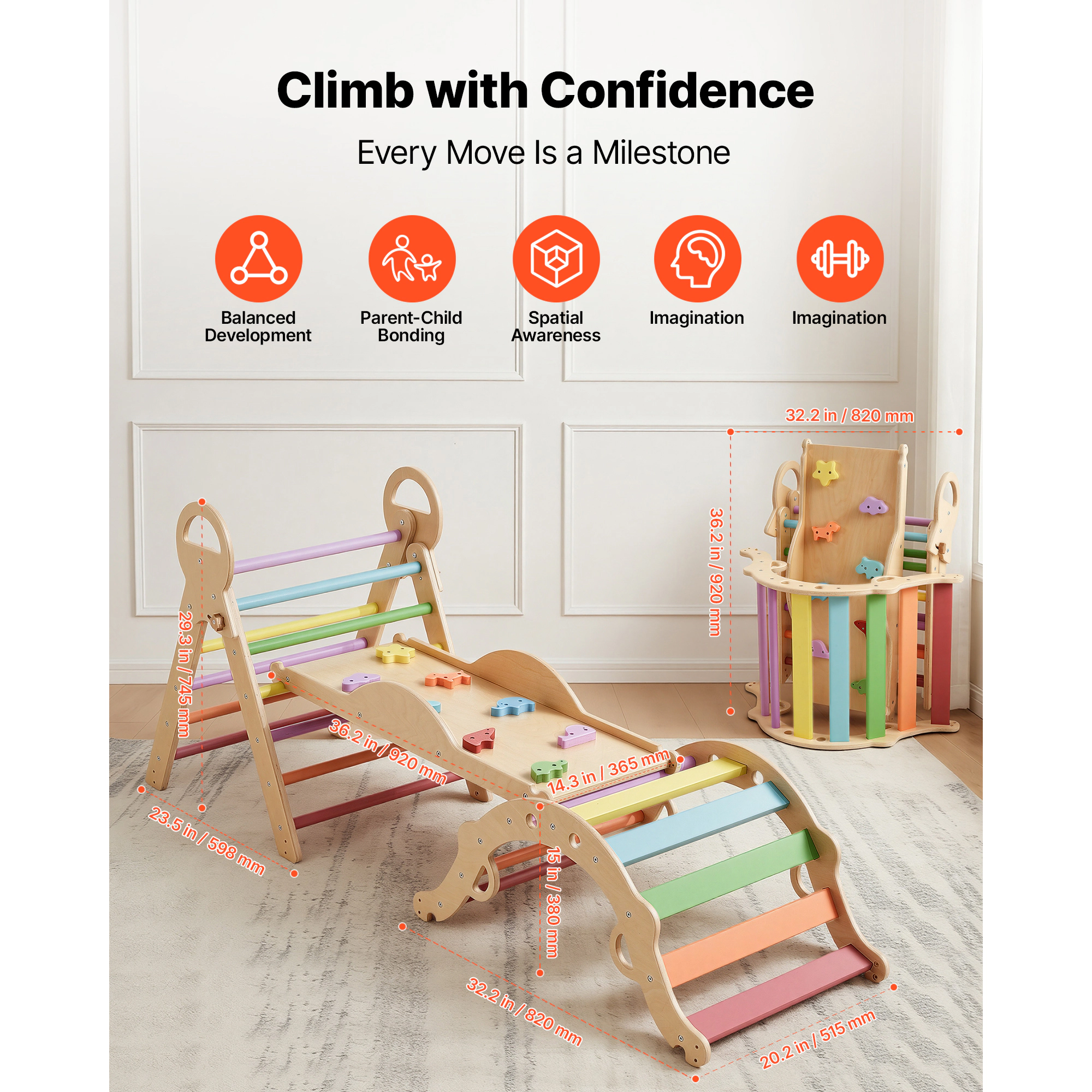 HONGGE Pikler Triangle Set, 9-in-1 Toddler Climbing Toys Indoor, with Cushion, Triangle, Arch, and Ramp, 150 lbs Load