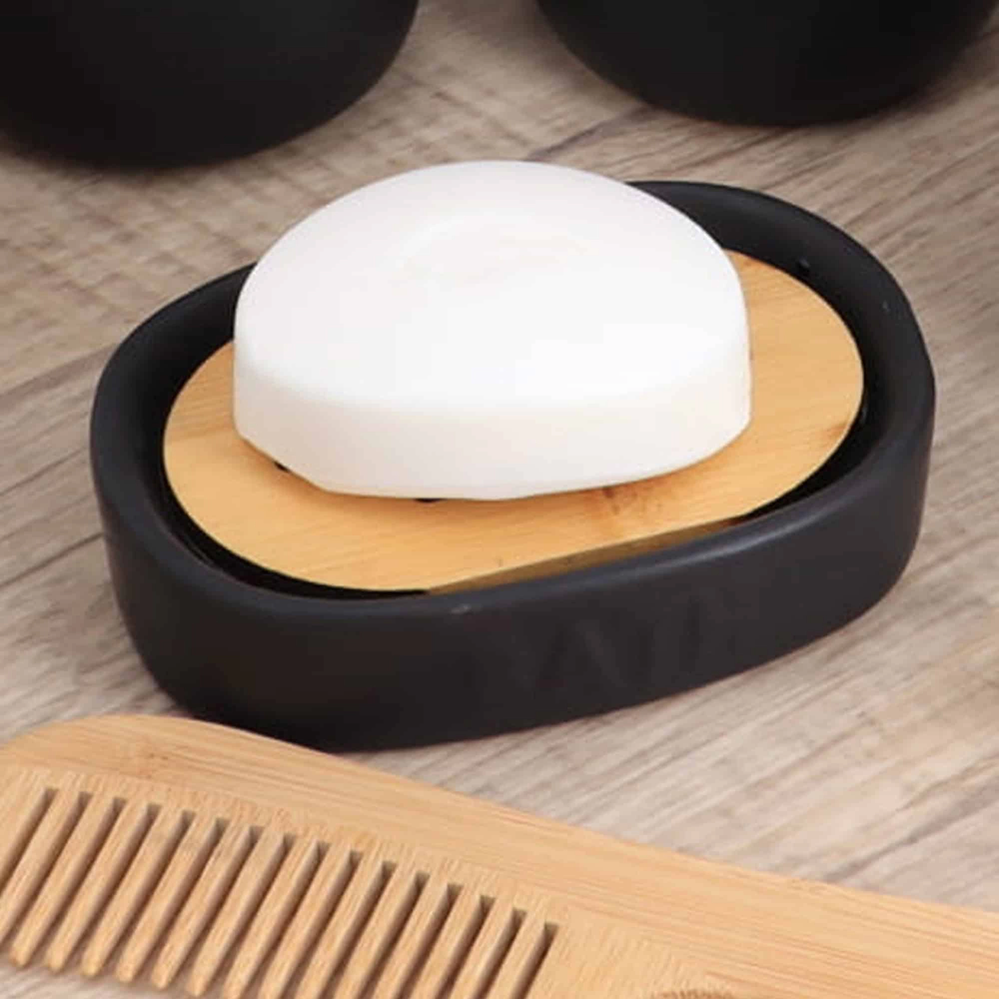 Evideco French Home Goods Dolomite Soap Dish with Removable Bamboo Slat Tray - Matte Black, 2-Piece