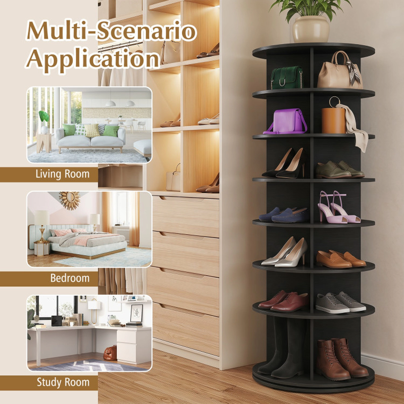 SUGIFT 7-Tier 360° Rotating Shoe Rack Tower Freestanding Spinning Shoe Organizer 22-lb Per Tier Black
