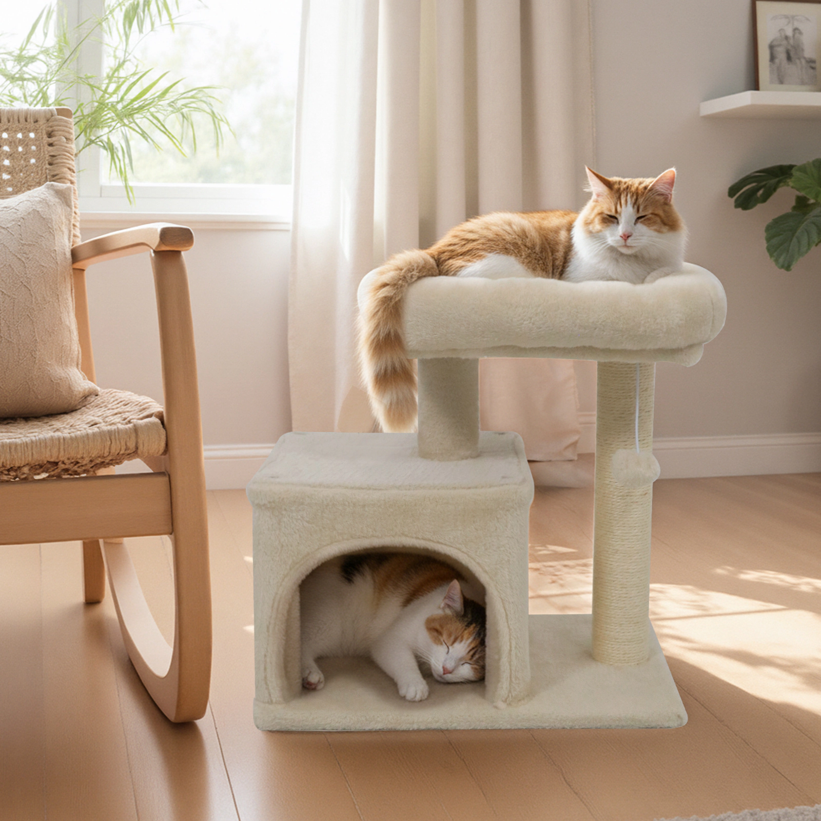 SUGIFT 19.5-in Beige Kitten Cat Tree with Large Padded Plush Perch Condo and Sisal Scratching Posts