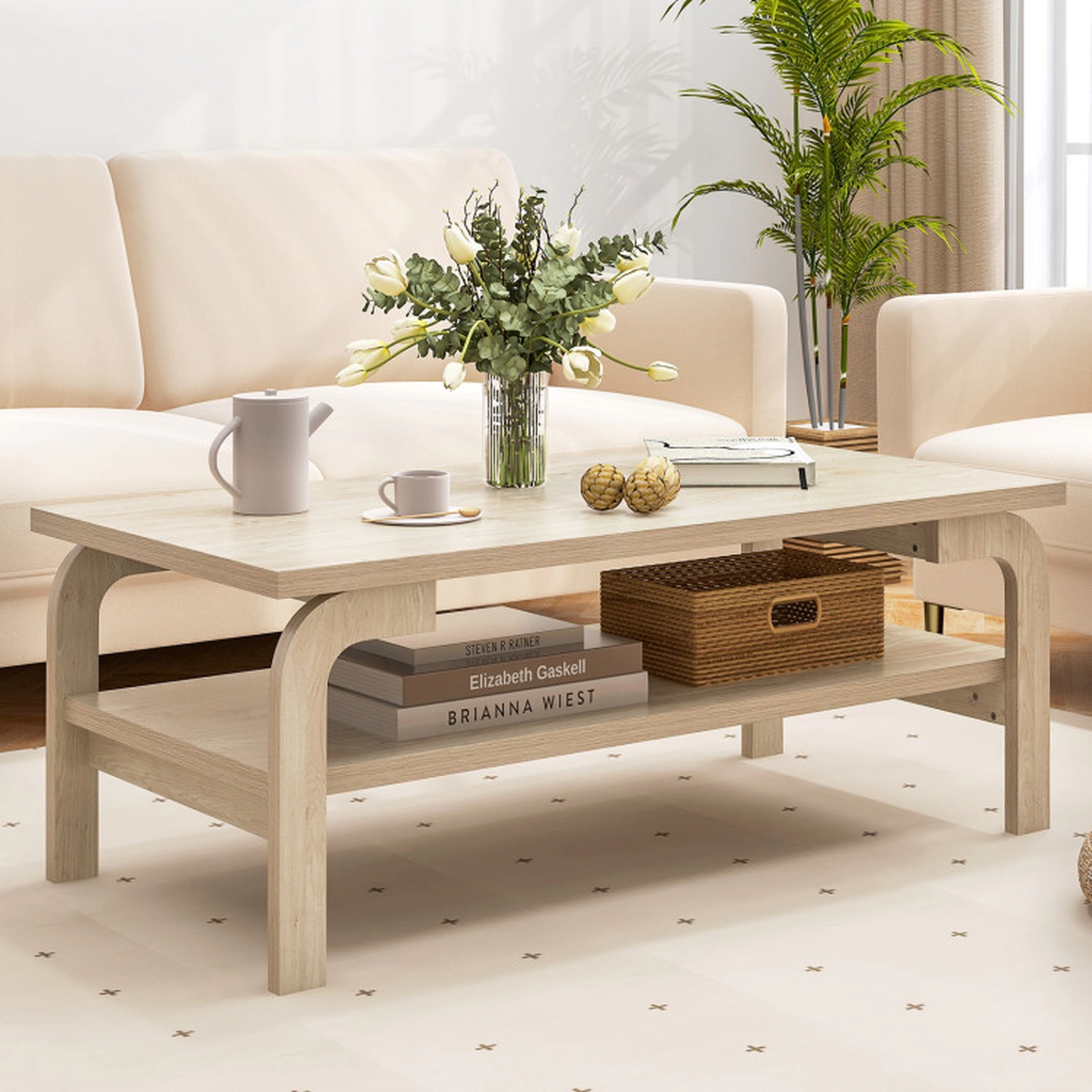 SUGIFT 2-Tier Curved Legs 1.2-in Thick Top Mid Century Coffee Table 47-in x 24-in x 18-in 165-lb Capacity Natural