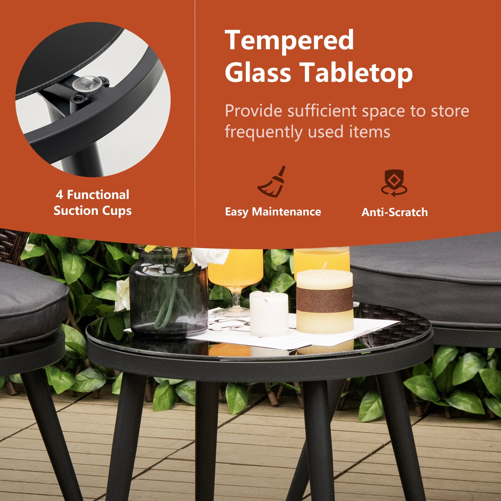 SUGIFT Patio Rattan Bistro Conversation Set with Cushions and Tempered Glass Tabletop 330-Lb Chairs Mix Brown and Gray