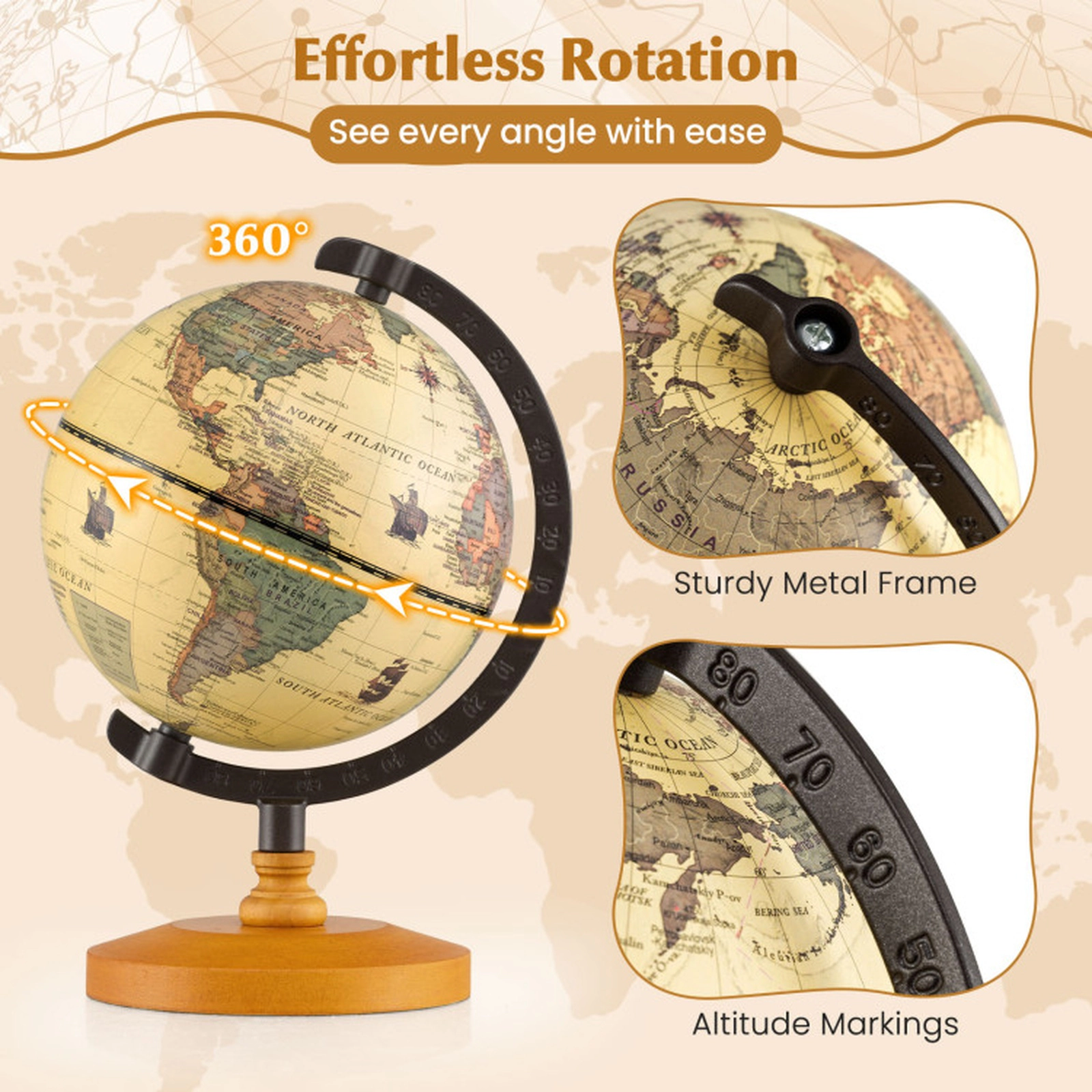 SUGIFT Antique Mini Rotating World Globe Interactive Desktop Toy 5.5-in Diameter Bronze with Wooden Base