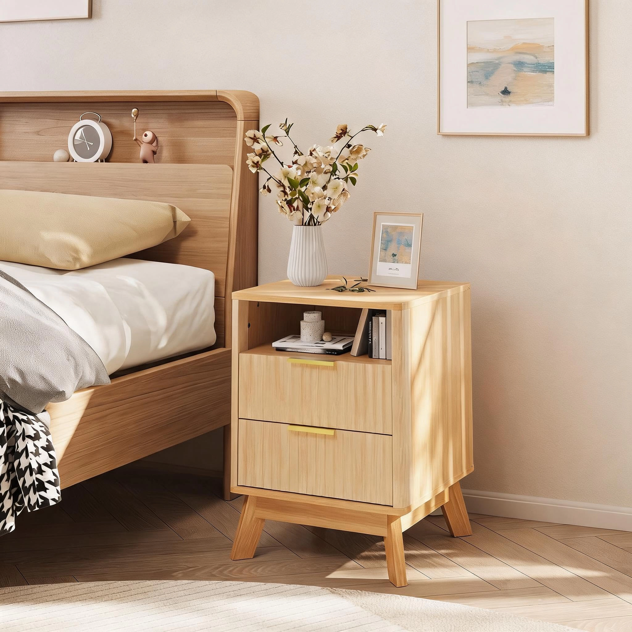 BebreezChic Fluted Nightstand with Charging Station, 2-Drawer Bedside Table with Open Shelf, 2 AC Outlets