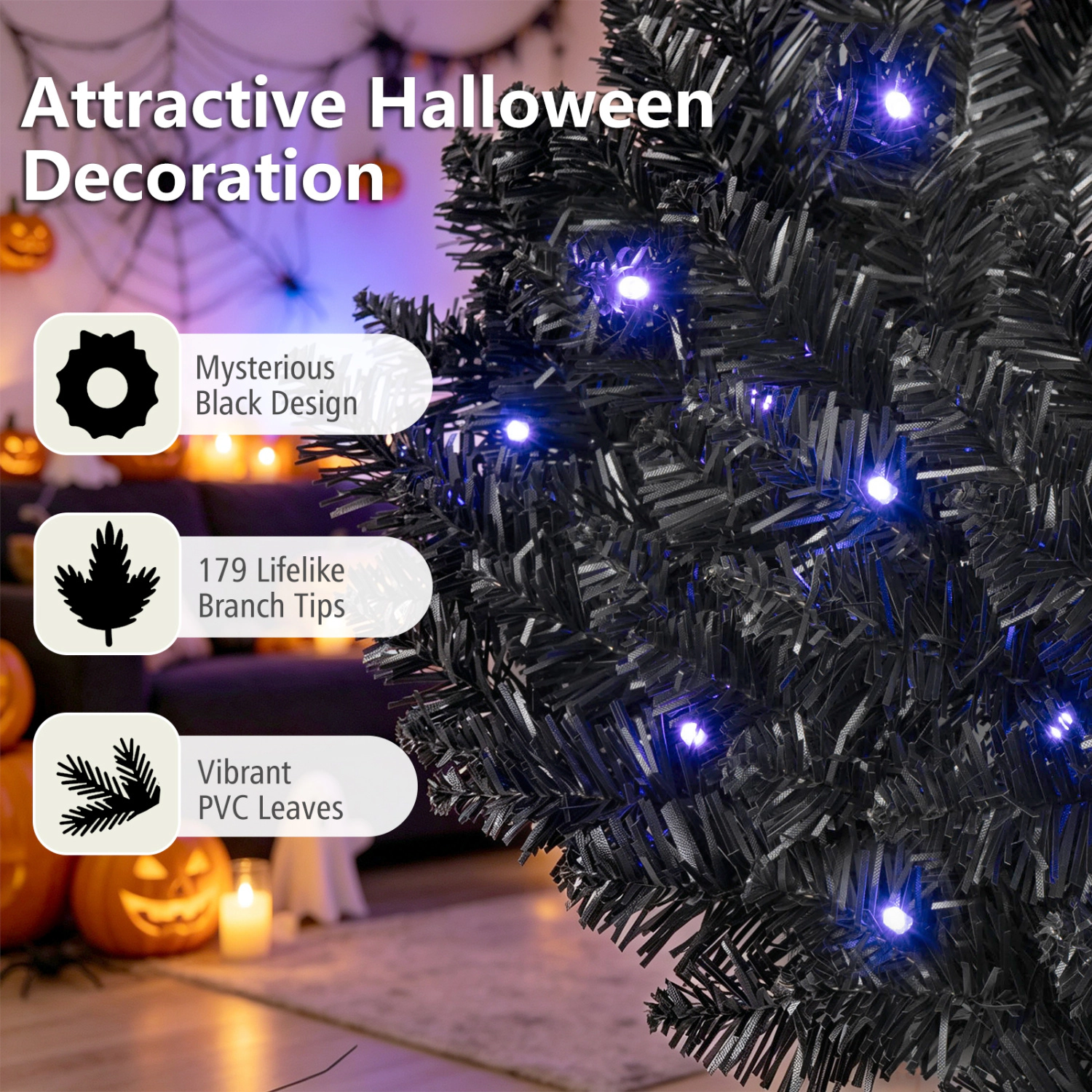 SUGIFT Set of 2 24-in Pre-Lit Halloween Christmas Wreaths with 35 Purple LED Lights and Timer 179 Branch Tips Black