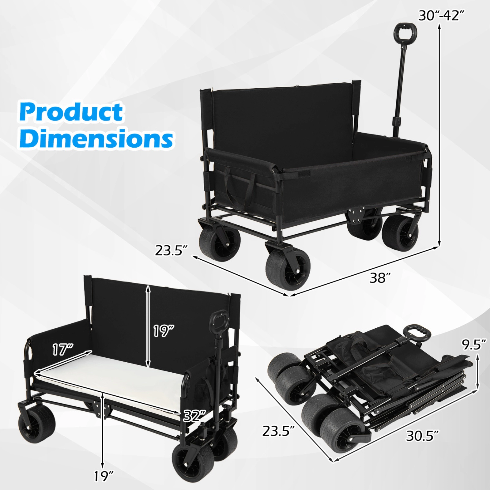 SUGIFT 2-in-1 Convertible Wagon Bench Seat Collapsible Beach Cart 176-lb Capacity 6.5-in Wheels 30-42-in Height Black