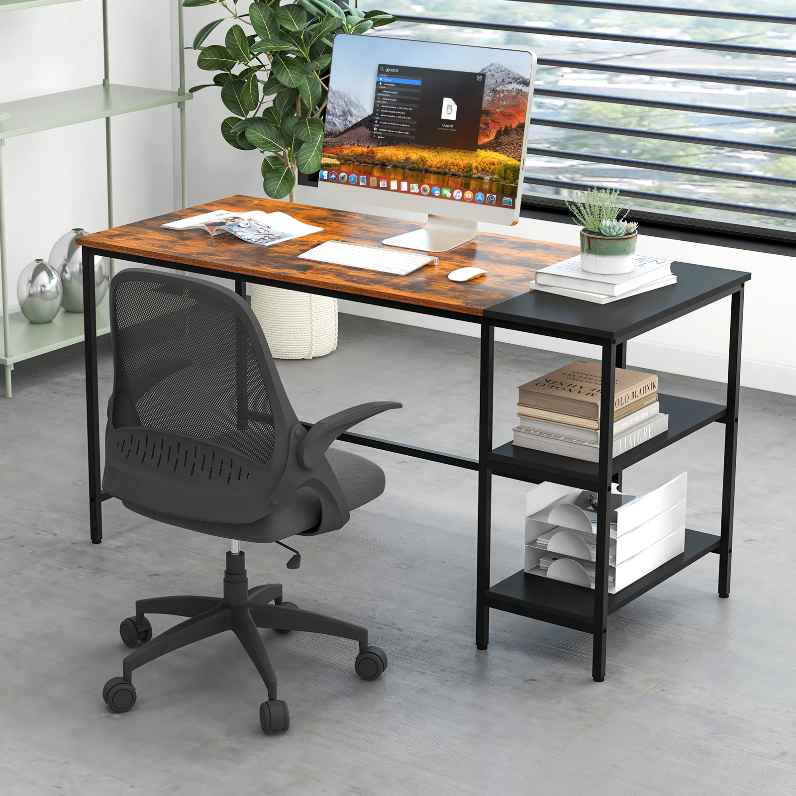 SUGIFT 55-in Modern Industrial Study Writing Desk with 2 Storage Shelves 255-lb Desktop Capacity Rustic Brown Black
