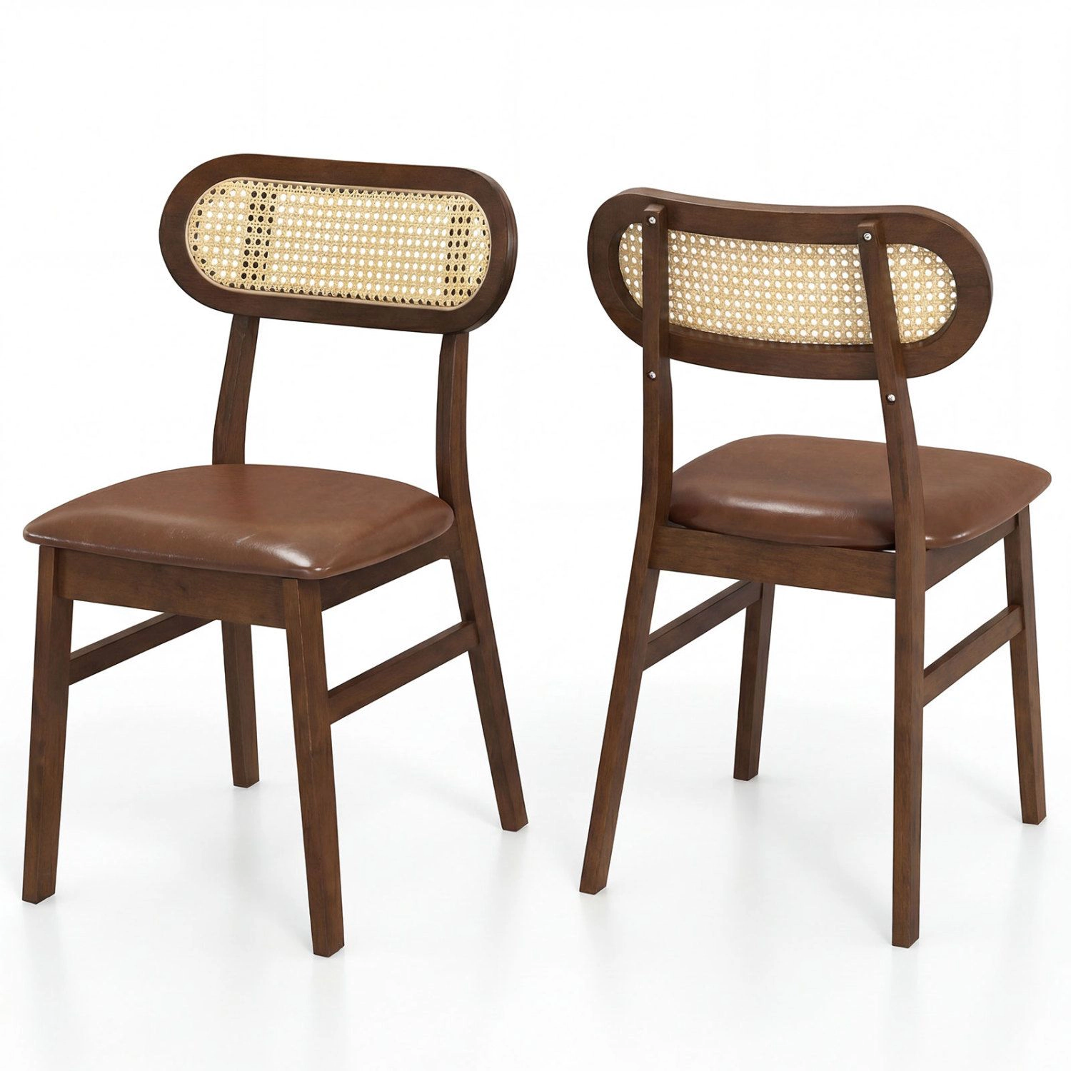 SlickBlue Set of 2 Dining Chairs with Rattan Backrest and PU Seat