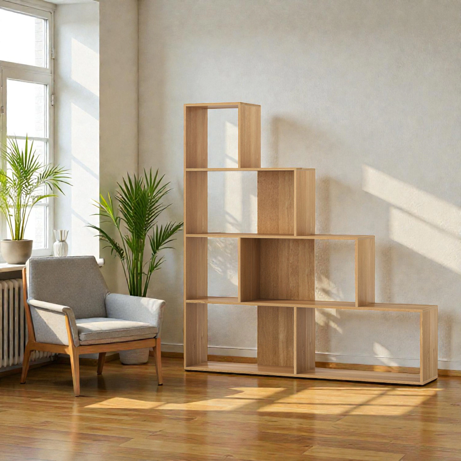 Hivvago Freestanding 4-Tier Ladder Bookshelf with Cubes