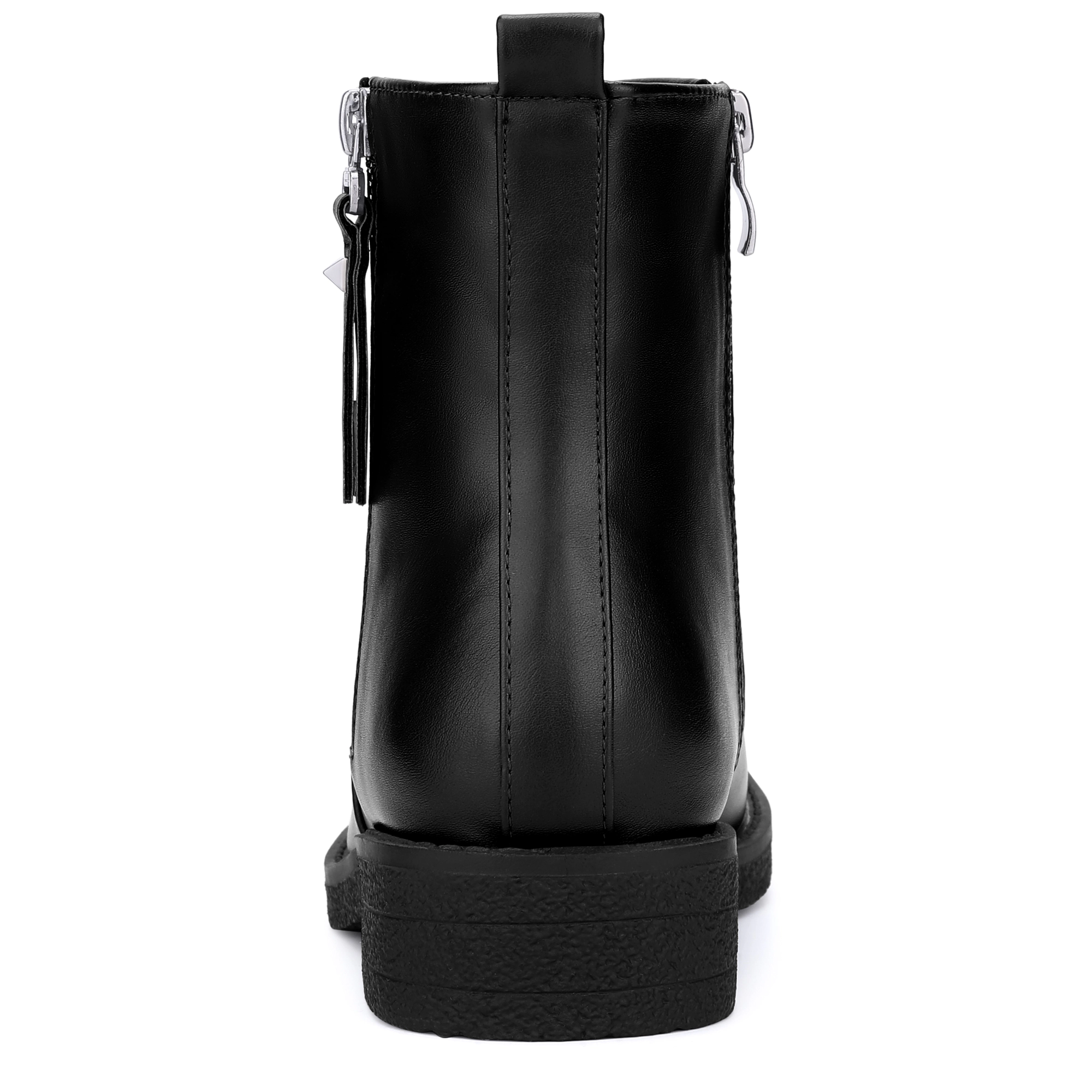 BLISSFUL STEP Women Faux Leather Round Toe Zipper Chunky Low Heel Ankle Boots