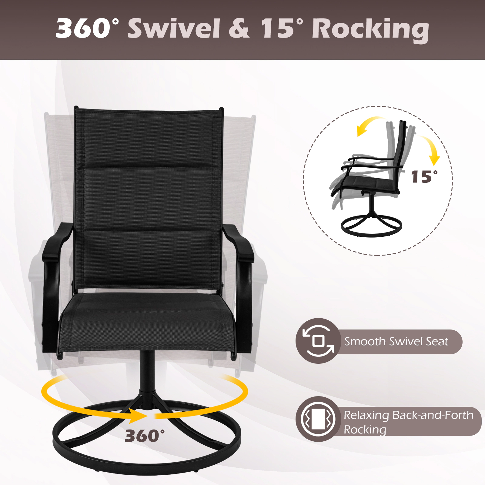 SUGIFT Padded Patio Swivel Rocking Dining Chairs Set of 2 with Ergonomic High Back 330-lb Capacity Black