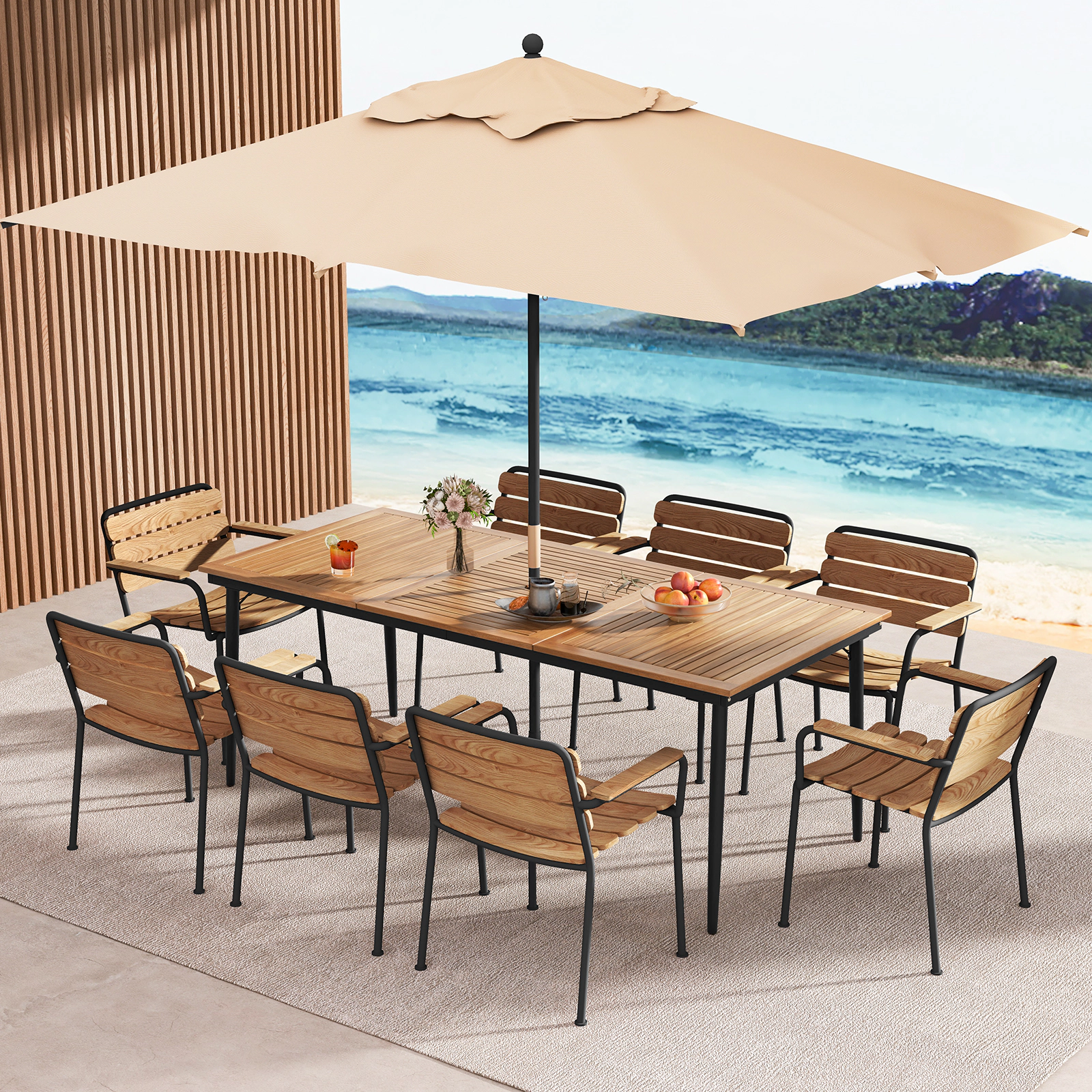 SUGIFT 79-in Acacia Wood Outdoor Dining Table for 8 with 1.9-in Umbrella Hole Natural & Black