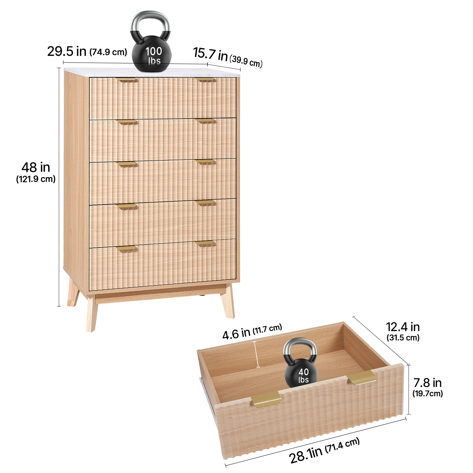 HONGGE Fluted Wooden Chest of Drawers with Sliding & Anti-tip Device