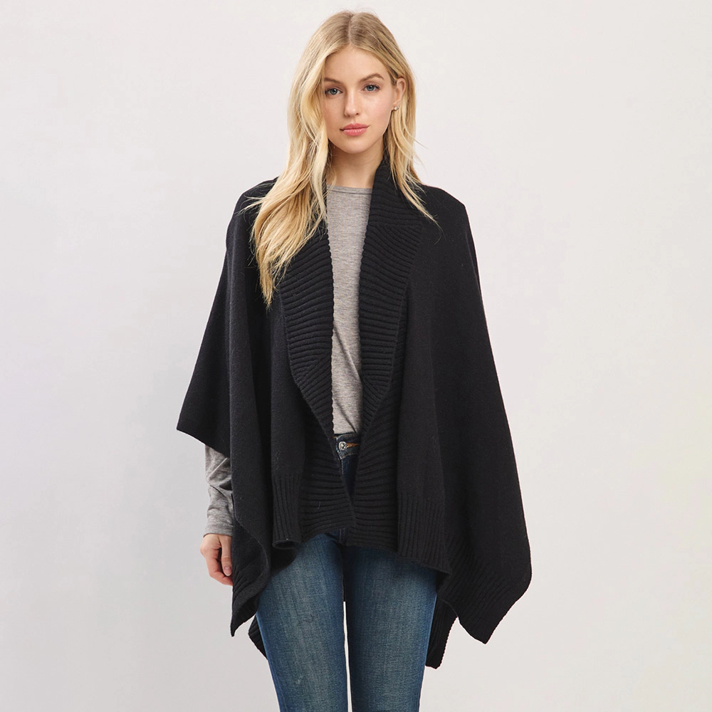 Truedames Women Ribbed Trim Open Front Soft Knit Shawl Cape Poncho