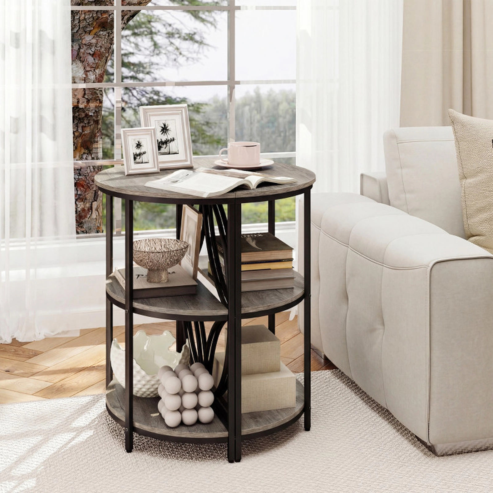 SUGIFT Half Round MDF Metal Frame Open Shelf Storage Side Table In Gray