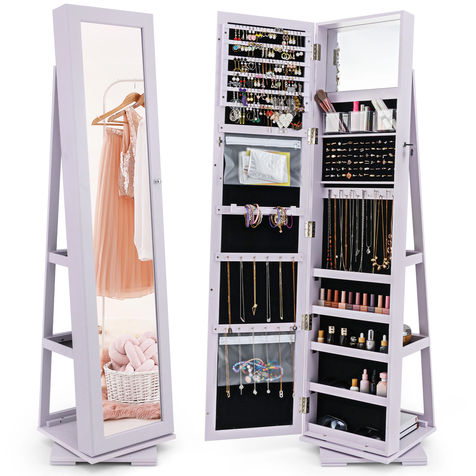 SUGIFT 360° Rotatable 2-in-1 Lockable Jewelry Cabinet with Full-Length 63.5-in Mirror 48-lb P2 MDF Organizer Purple
