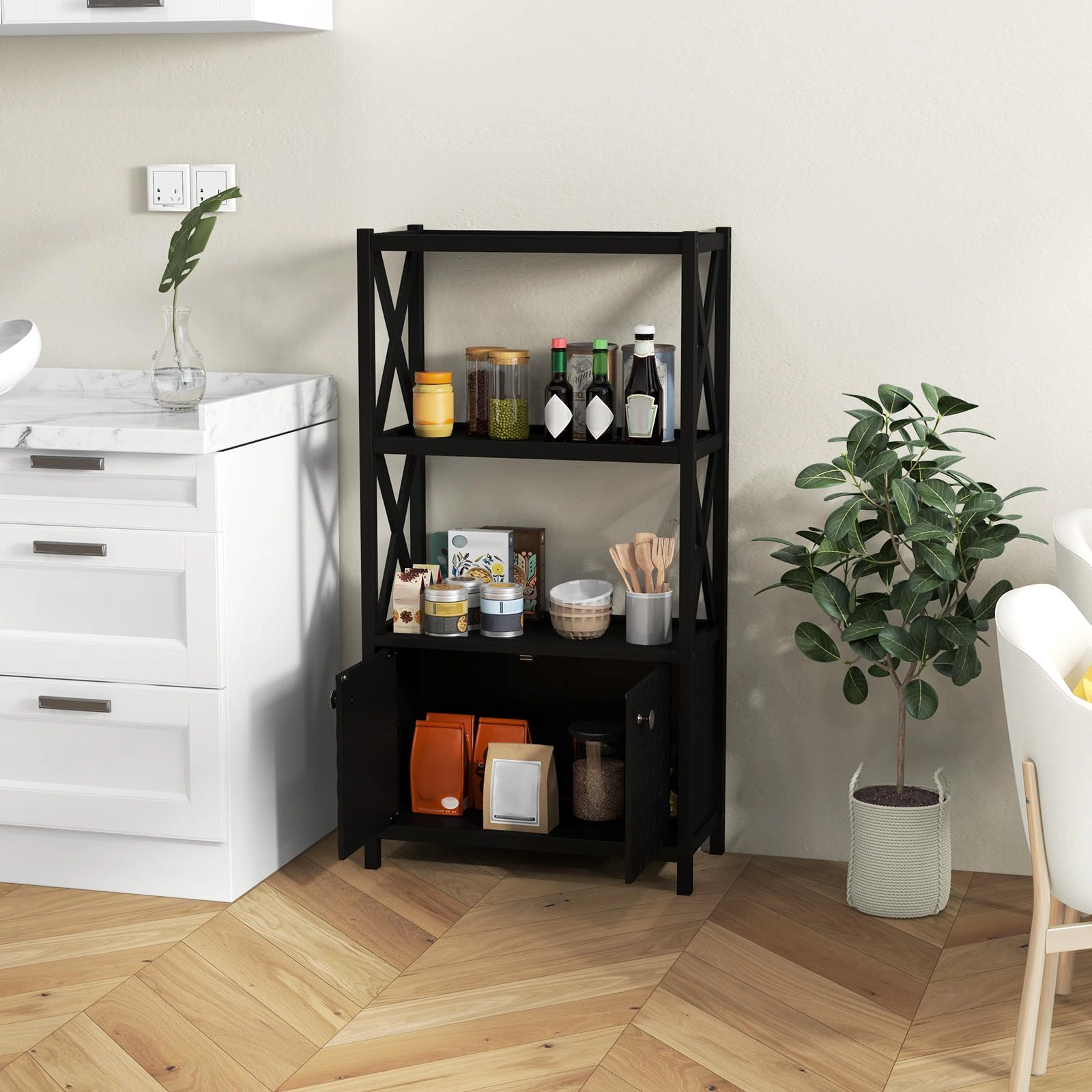 Glintex Rubber Wood Storage Cabinet with X-Shaped Bars and Double Doors