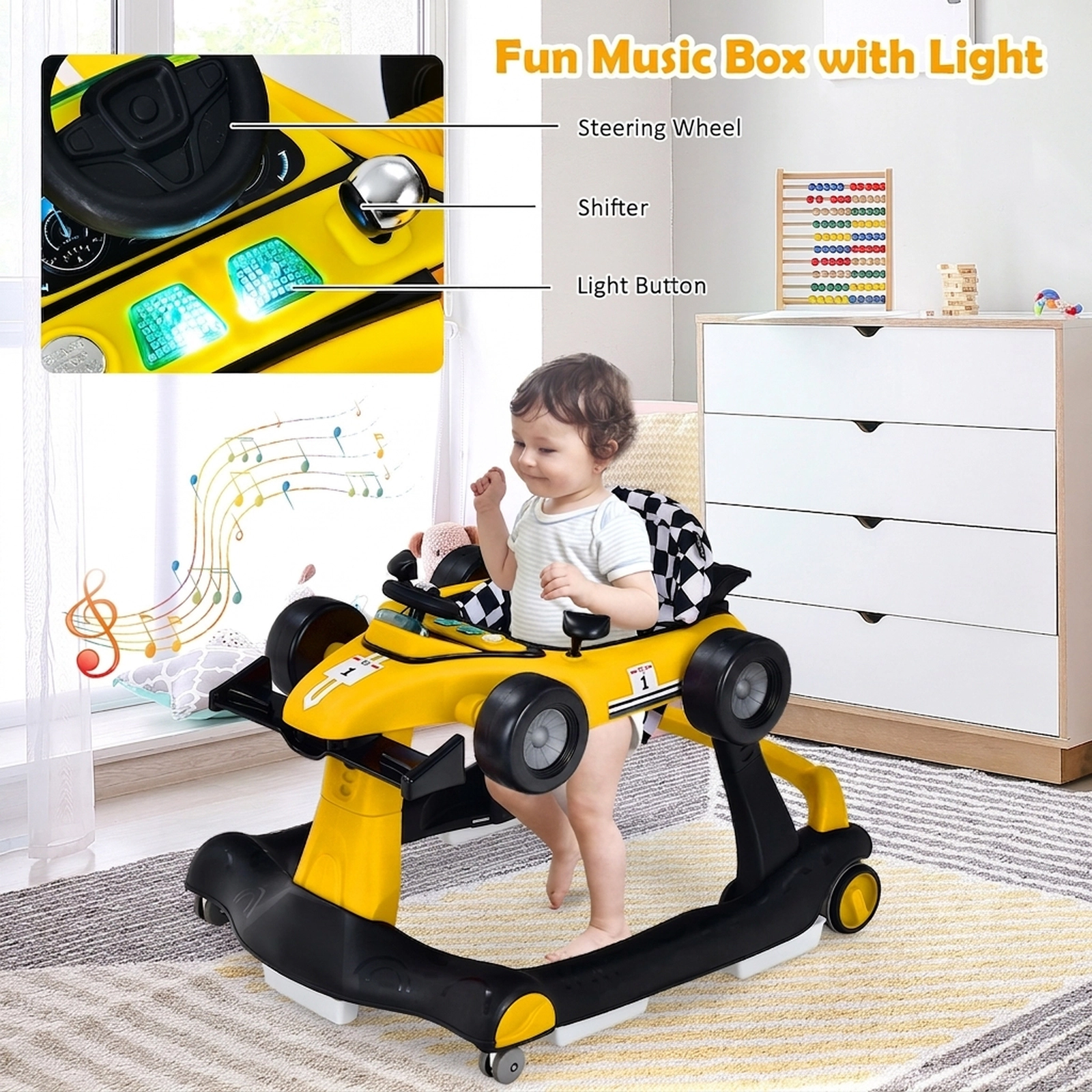 4-in-1 Foldable Activity Push Walker with Steering Wheel Shifter 2 Rearview Mirrors Music and Lights in Yellow
