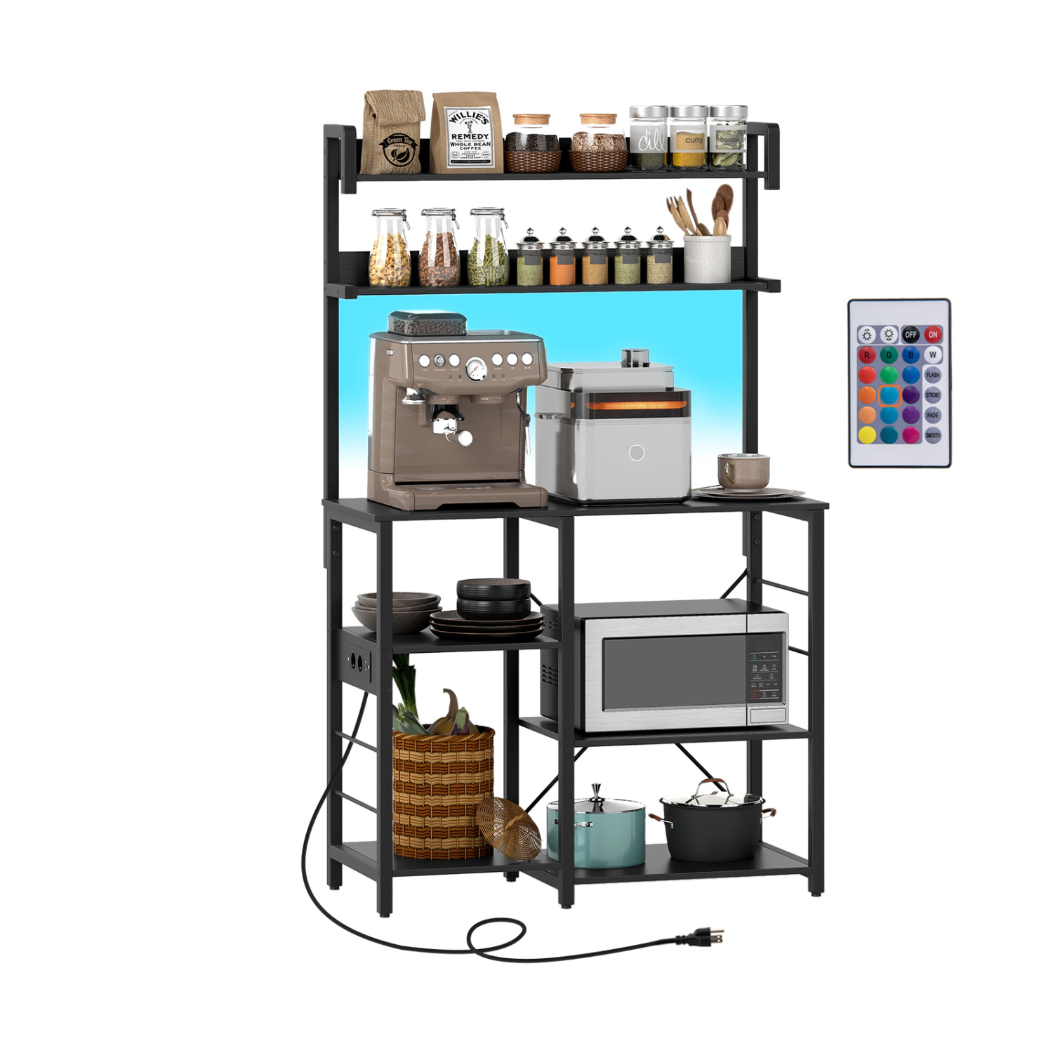 LJG Kitchen Bakers Rack with Power Outlet 5-Tier Microwave Oven Stand LED Lights